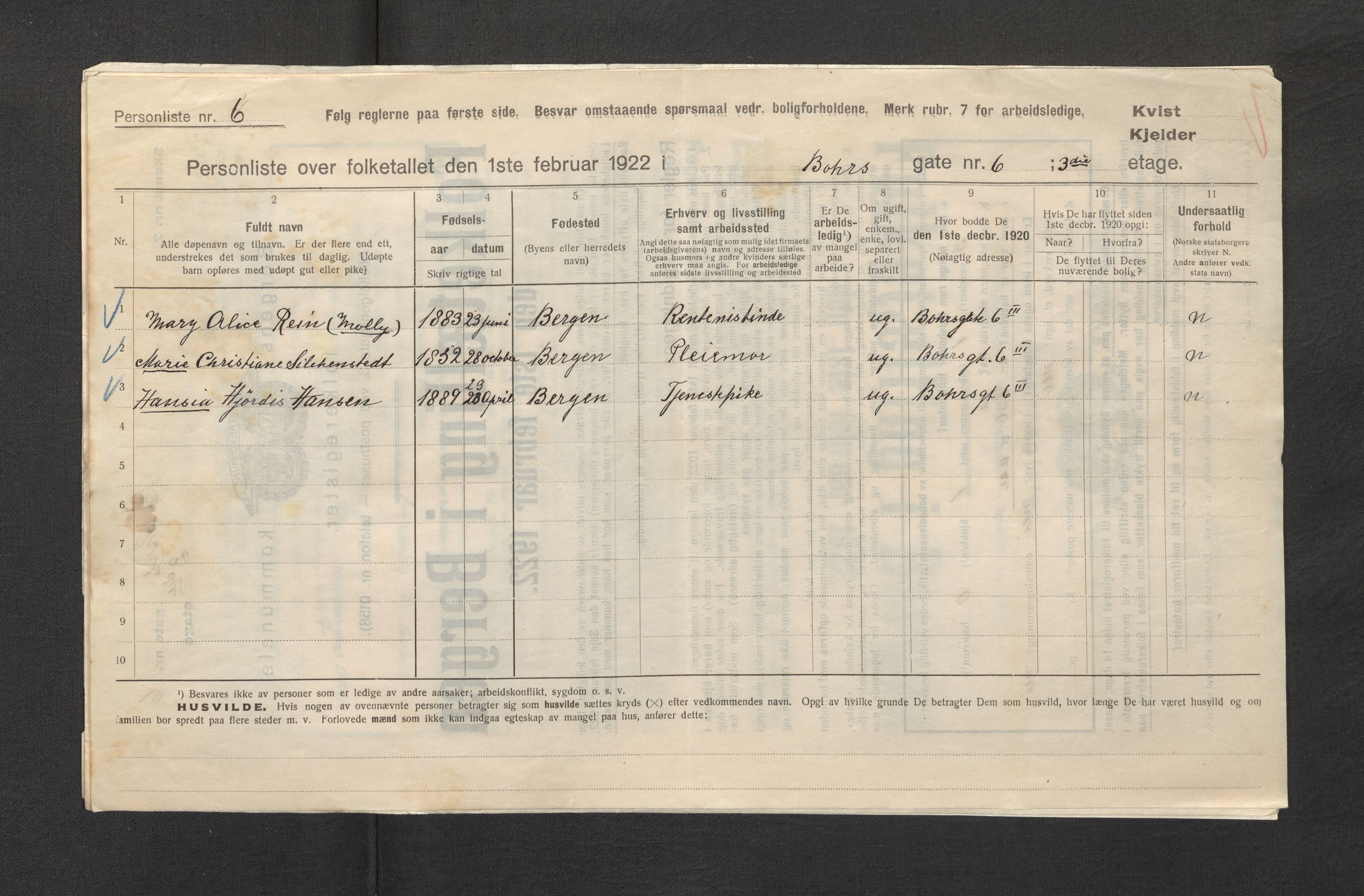 SAB, Municipal Census 1922 for Bergen, 1922, p. 3732