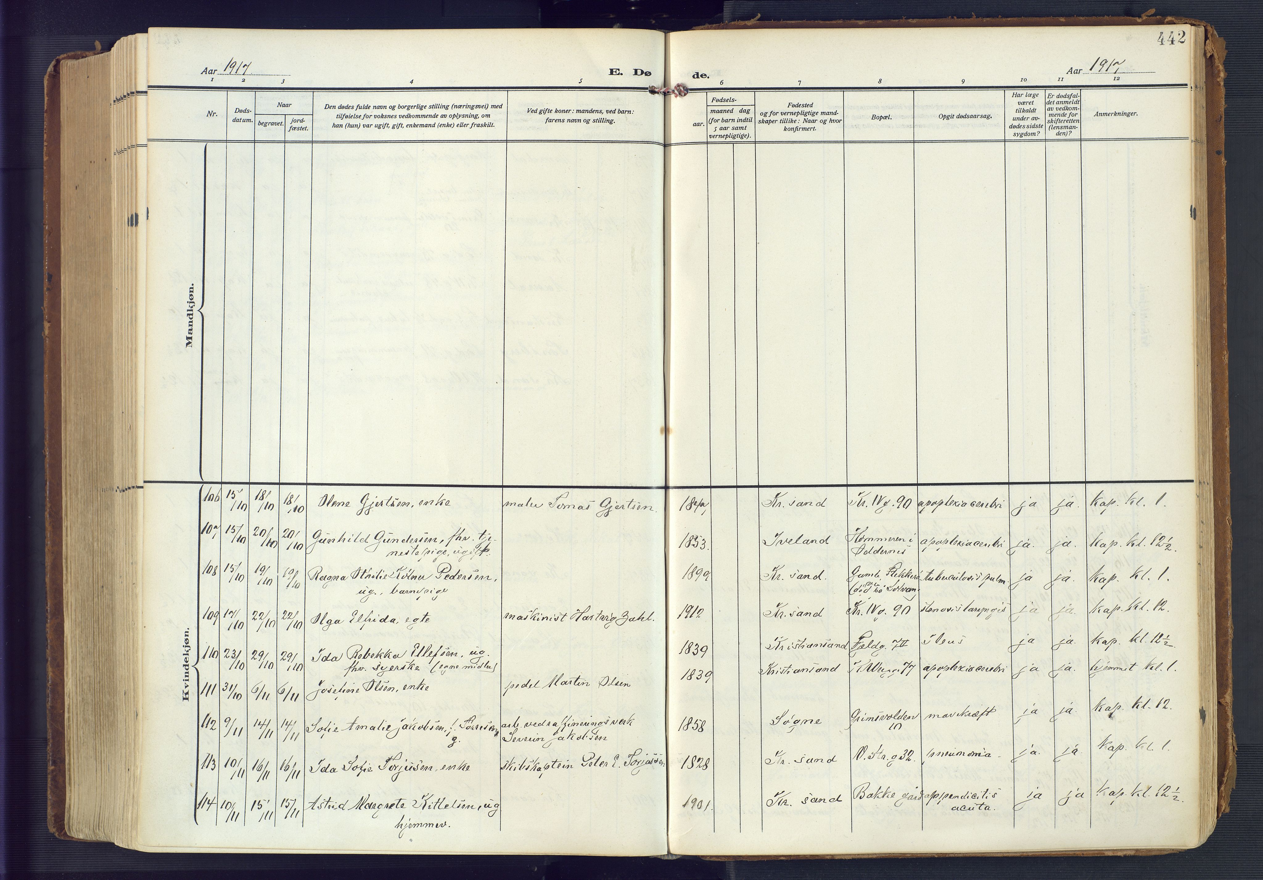 Kristiansand domprosti, AV/SAK-1112-0006/F/Fa/L0023: Parish register (official) no. A 22, 1909-1917, p. 442