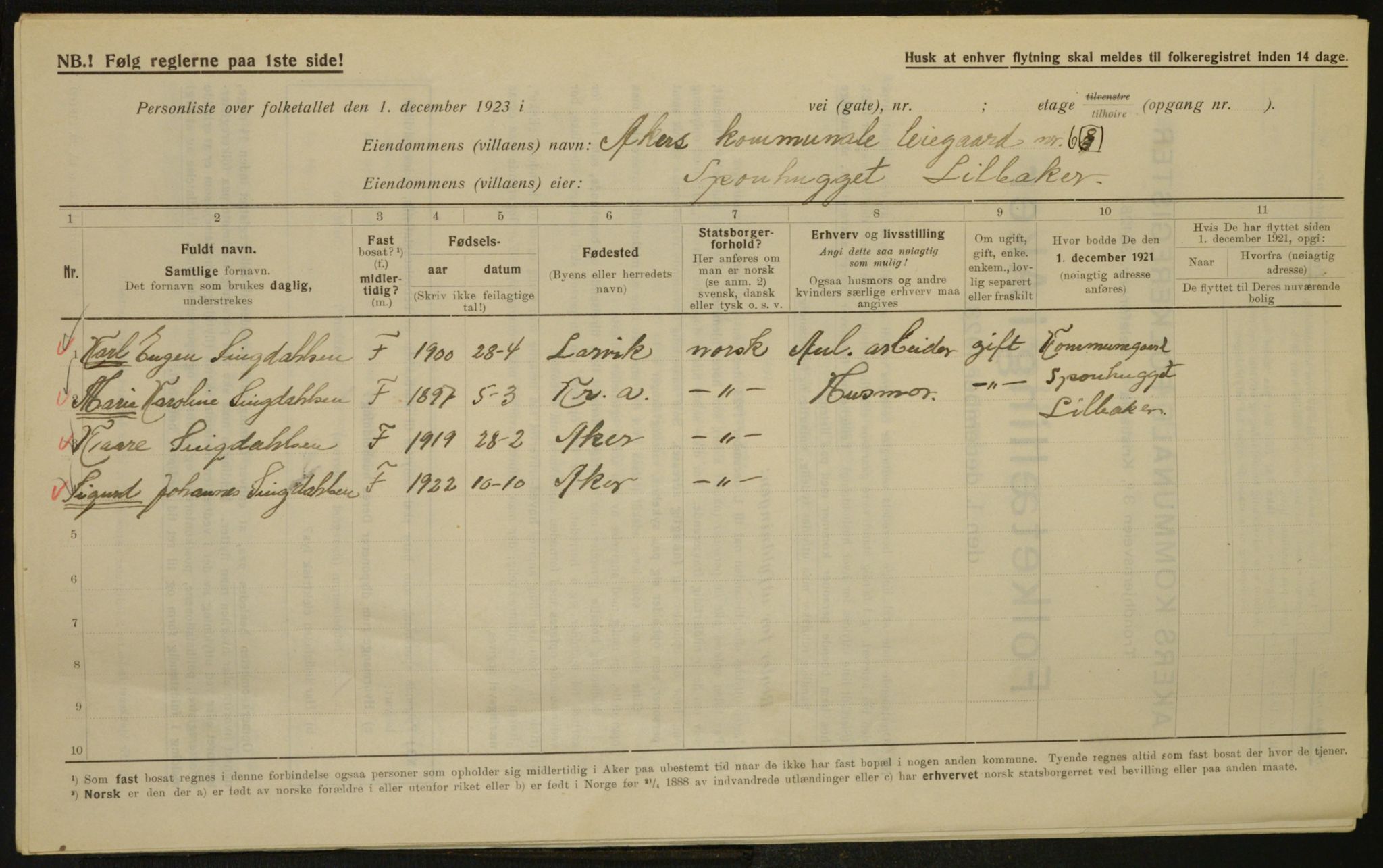 , Municipal Census 1923 for Aker, 1923, p. 5346