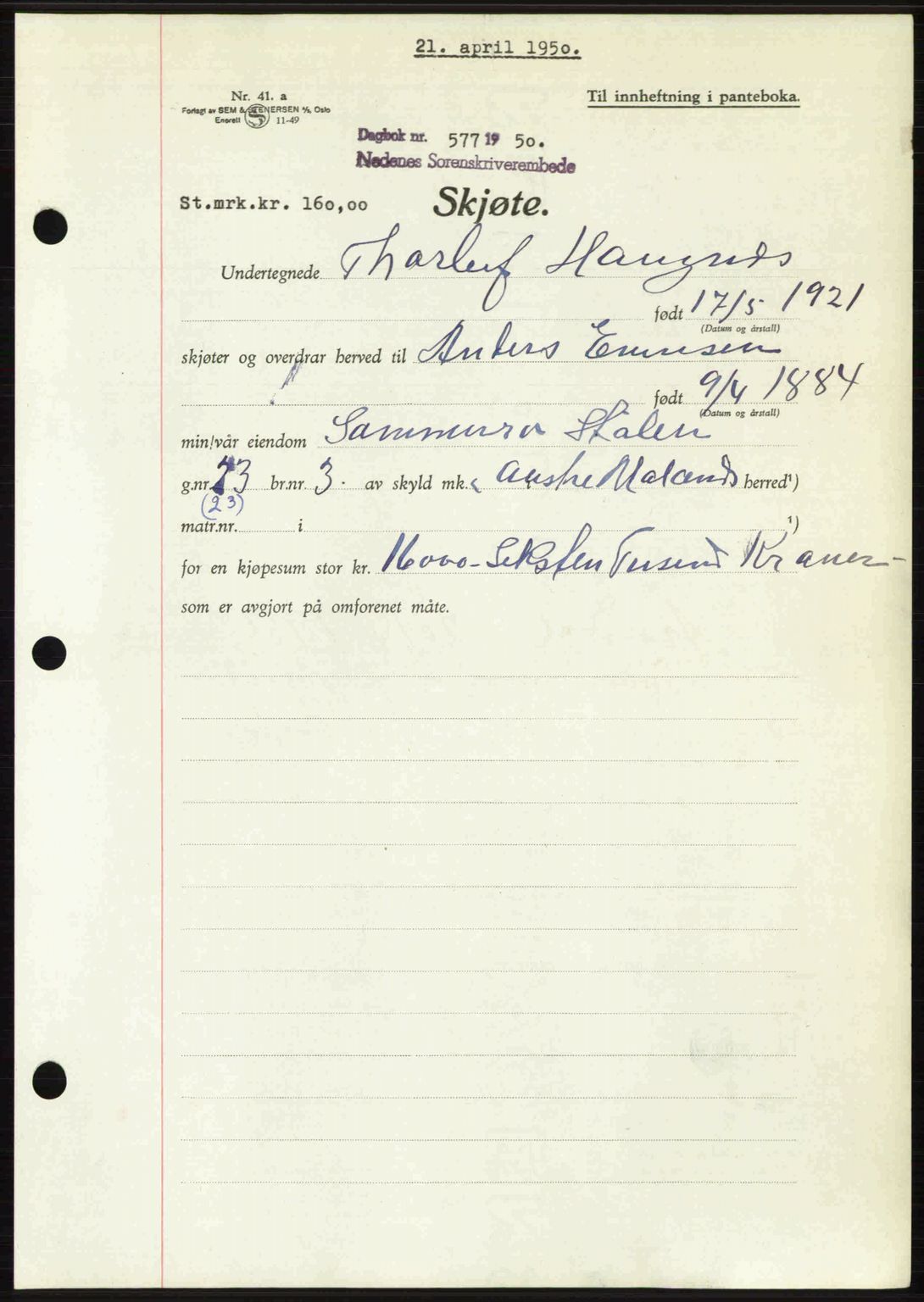 Nedenes sorenskriveri, AV/SAK-1221-0006/G/Gb/Gba/L0062: Mortgage book no. A14, 1949-1950, Diary no: : 577/1950