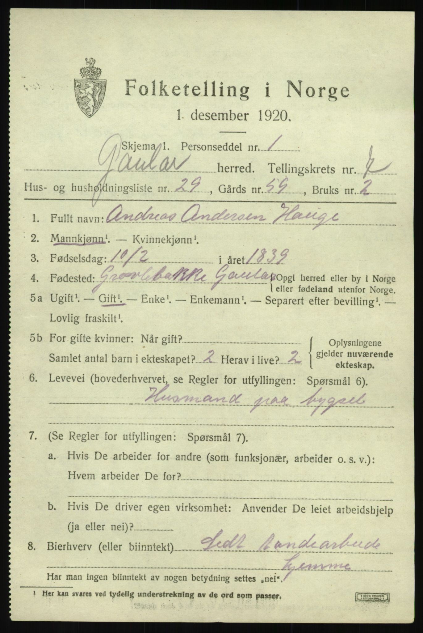 SAB, 1920 census for Gaular, 1920, p. 3796