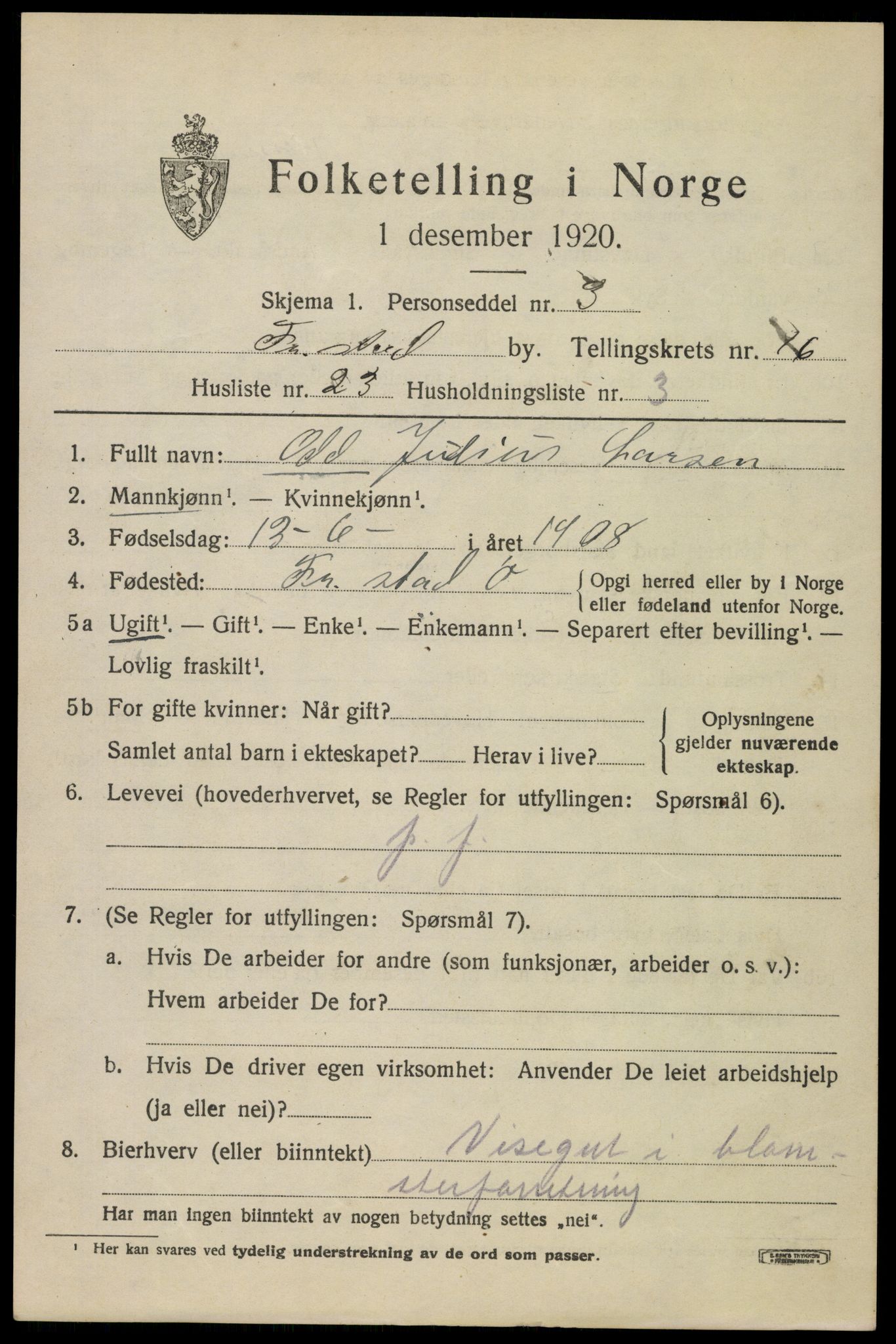 SAO, 1920 census for Fredrikstad, 1920, p. 37449