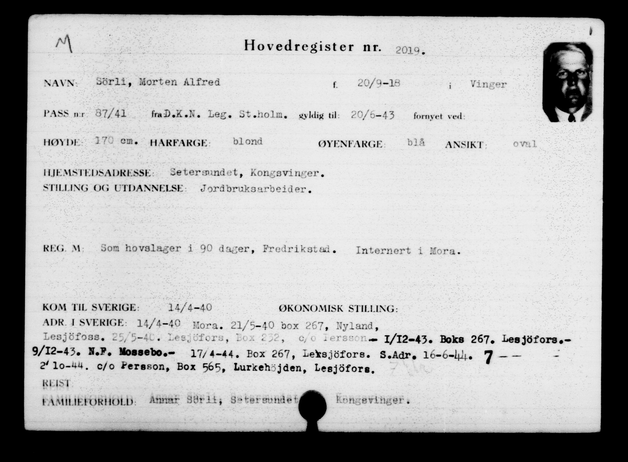 Utenriksstasjonene, Legasjonen i Stockholm, Flyktningkontoret, AV/RA-S-6753/V/Va/L0003: Kjesäterkartoteket, flyktninger med registreringsnr. 2001-3495, 1940-1945, p. 25
