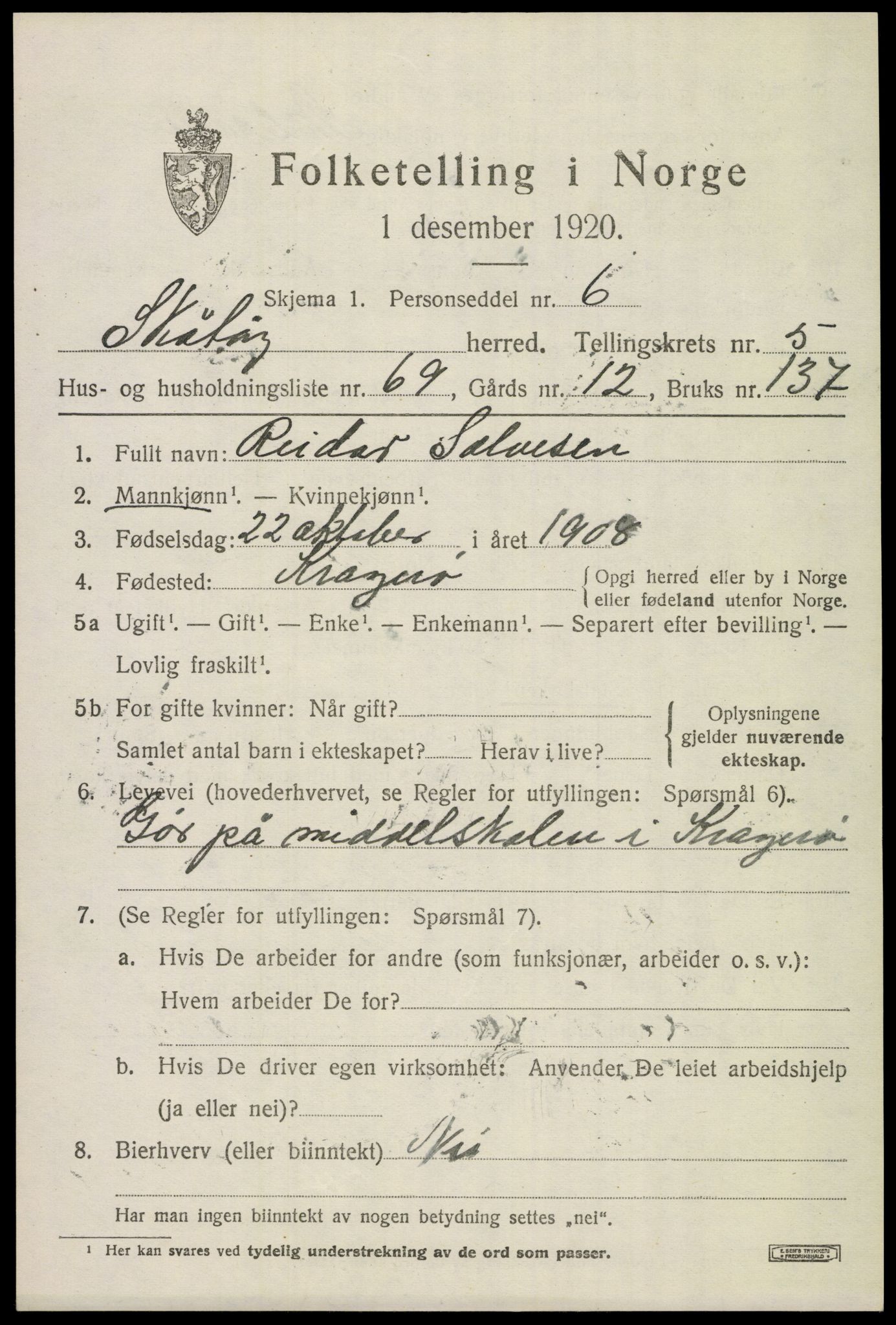 SAKO, 1920 census for Skåtøy, 1920, p. 4652