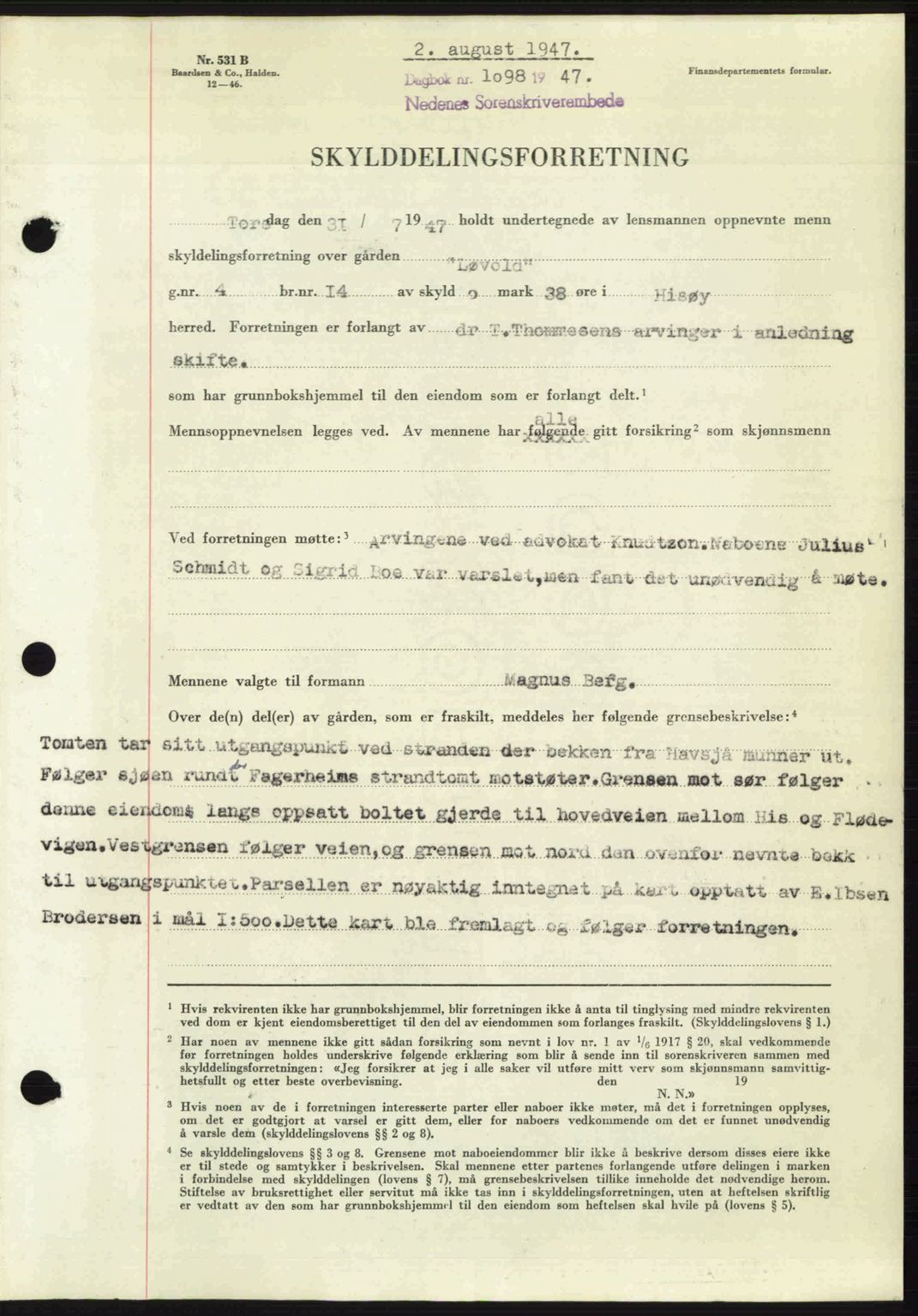 Nedenes sorenskriveri, SAK/1221-0006/G/Gb/Gba/L0057: Mortgage book no. A9, 1947-1947, Diary no: : 1098/1947