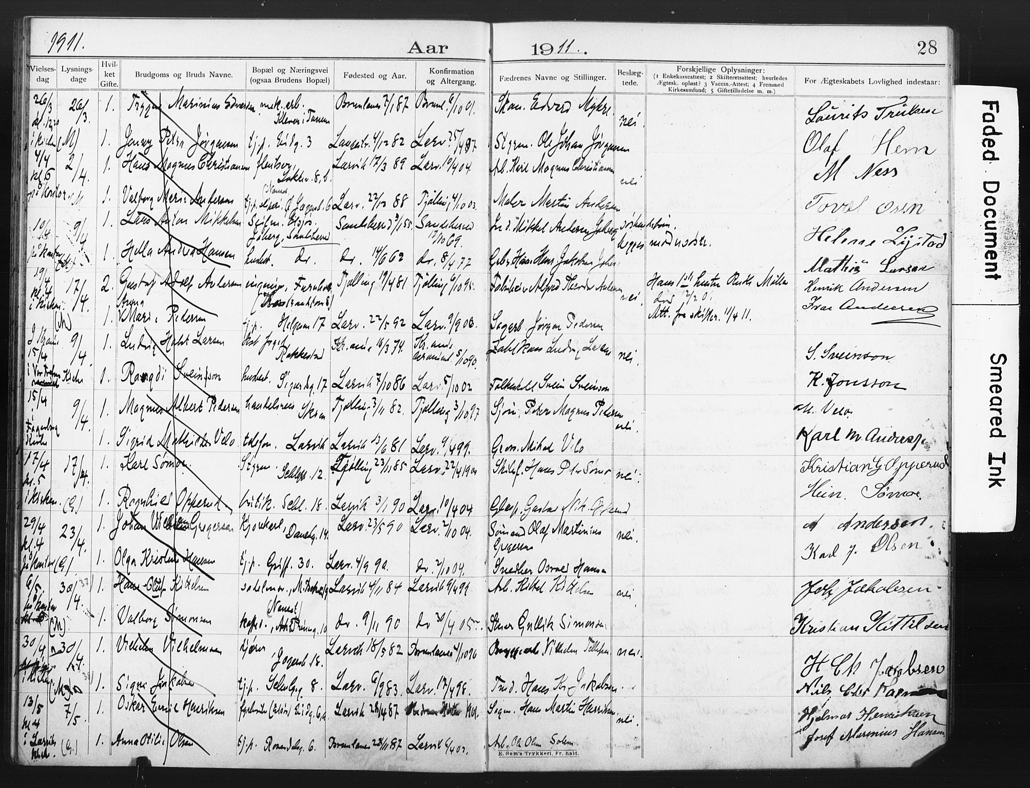 Larvik kirkebøker, AV/SAKO-A-352/H/Ha/L0003: Banns register no. 3, 1907-1918, p. 28