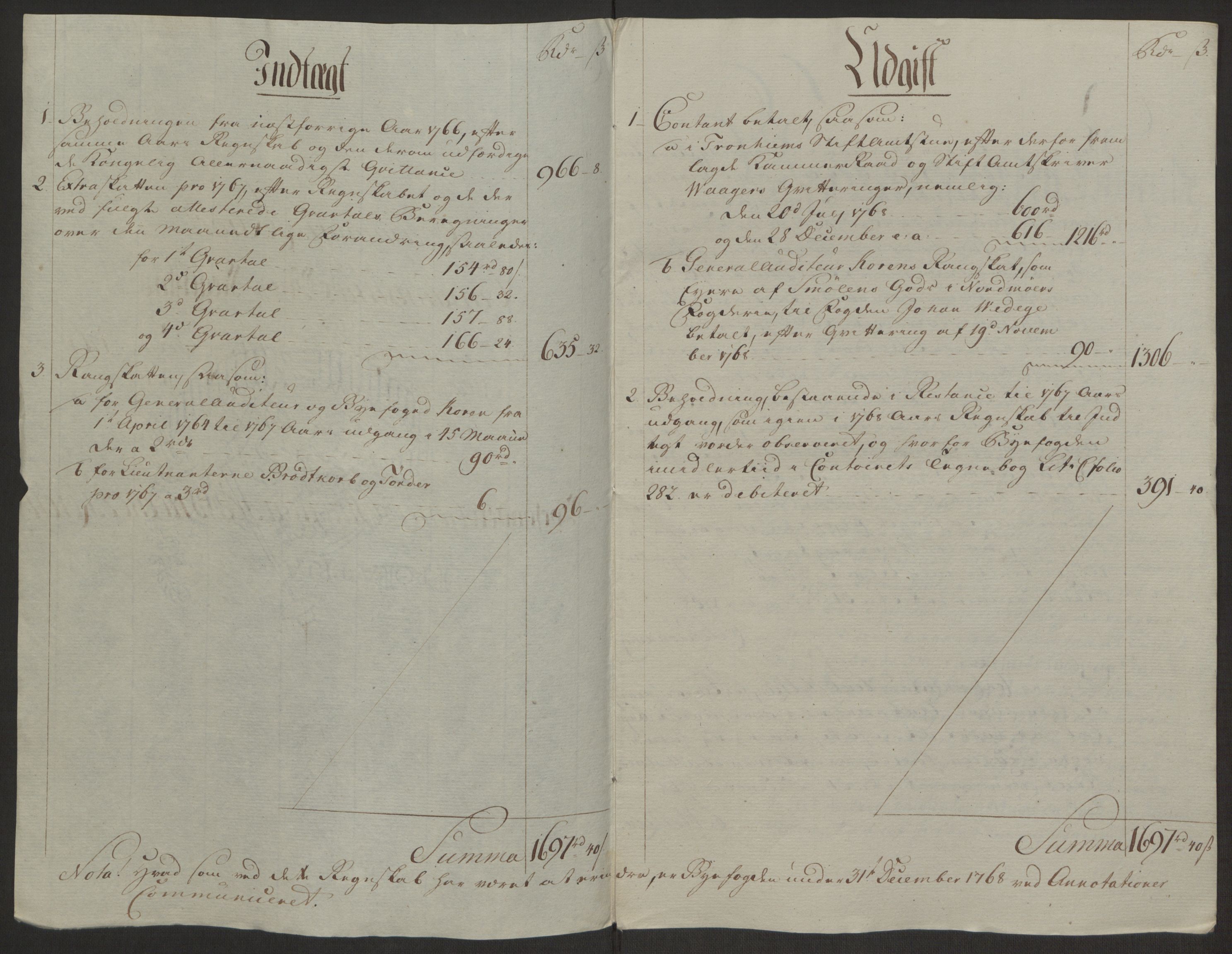 Rentekammeret inntil 1814, Reviderte regnskaper, Byregnskaper, AV/RA-EA-4066/R/Rr/L0495/0004: [R1] Kontribusjonsregnskap / Ekstraskatt, 1762-1772, p. 134