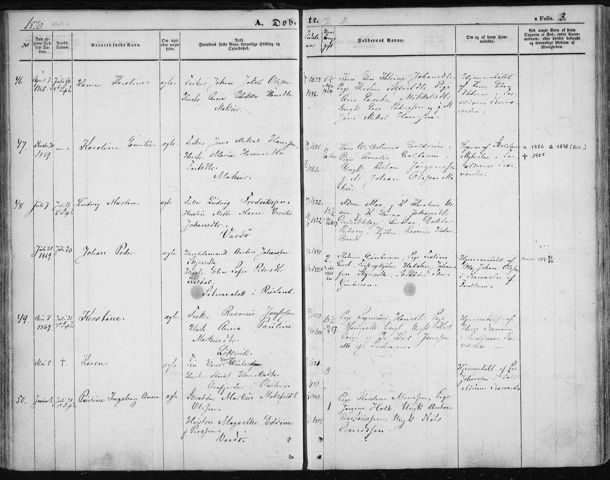 Vardø sokneprestkontor, SATØ/S-1332/H/Ha/L0004kirke: Parish register (official) no. 4, 1862-1871, p. 73