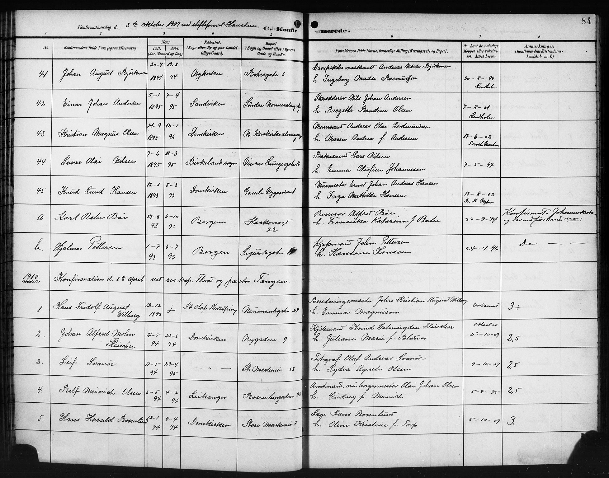 Domkirken sokneprestembete, SAB/A-74801/H/Hab/L0025: Parish register (copy) no. C 5, 1899-1916, p. 84