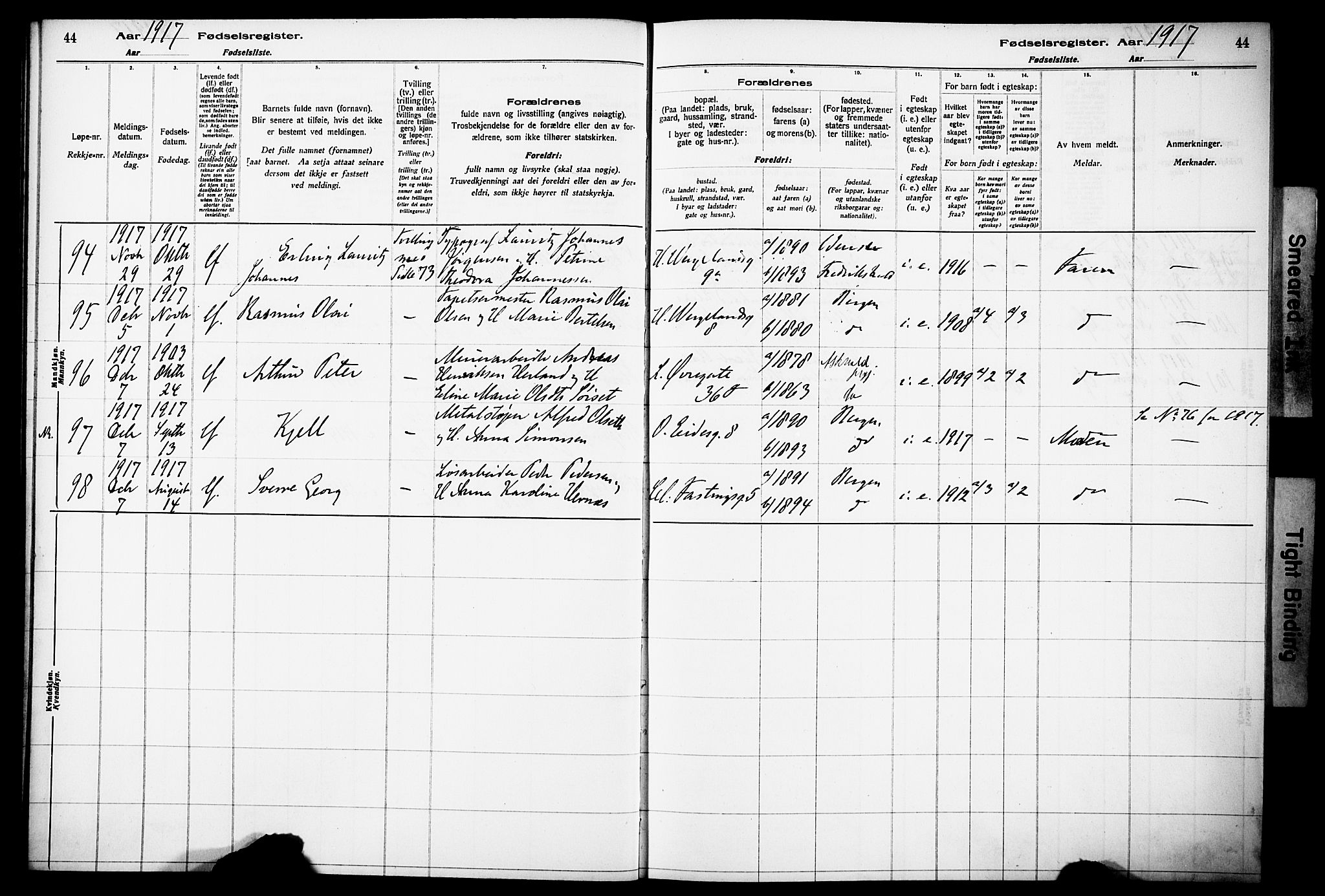 Korskirken sokneprestembete, AV/SAB-A-76101/I/Id/L00A1: Birth register no. A 1, 1916-1929, p. 44