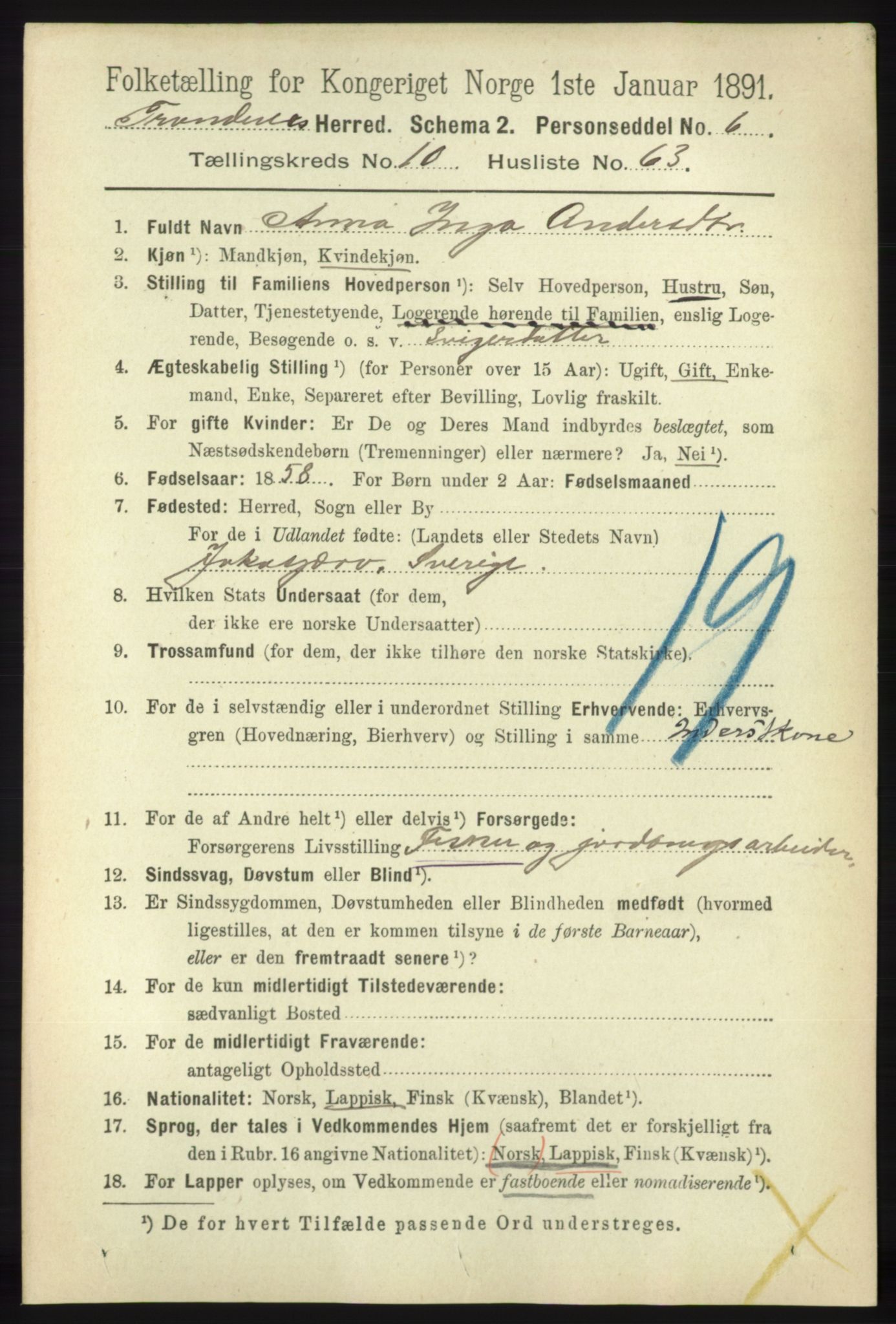 RA, 1891 census for 1914 Trondenes, 1891, p. 7917