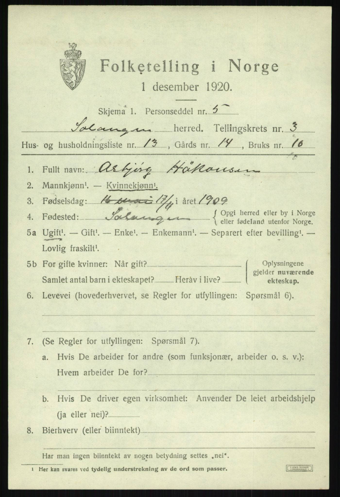 SATØ, 1920 census for Salangen, 1920, p. 1716