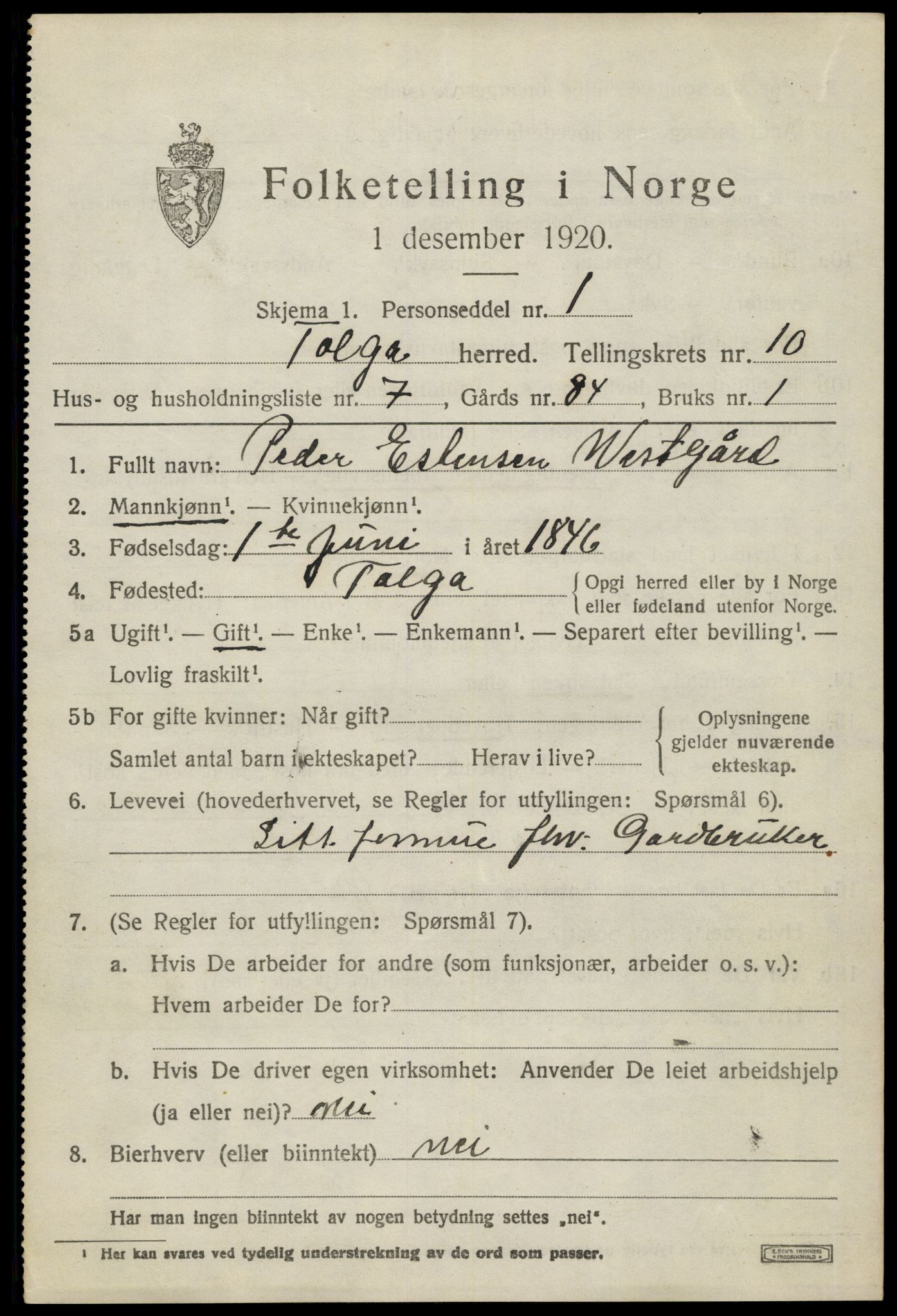 SAH, 1920 census for Tolga, 1920, p. 4967