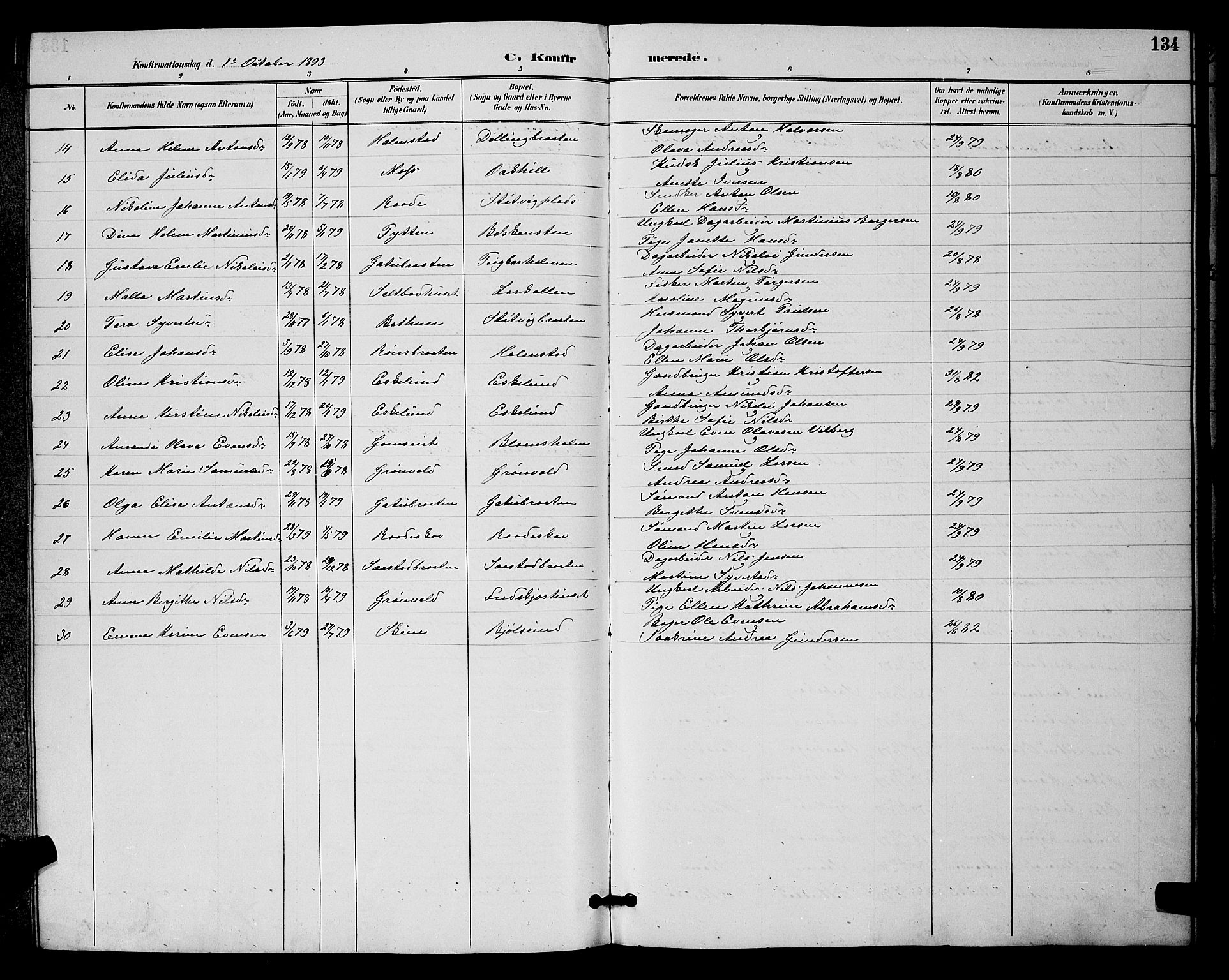 Rygge prestekontor Kirkebøker, AV/SAO-A-10084b/G/Ga/L0002: Parish register (copy) no. 2, 1887-1905, p. 134