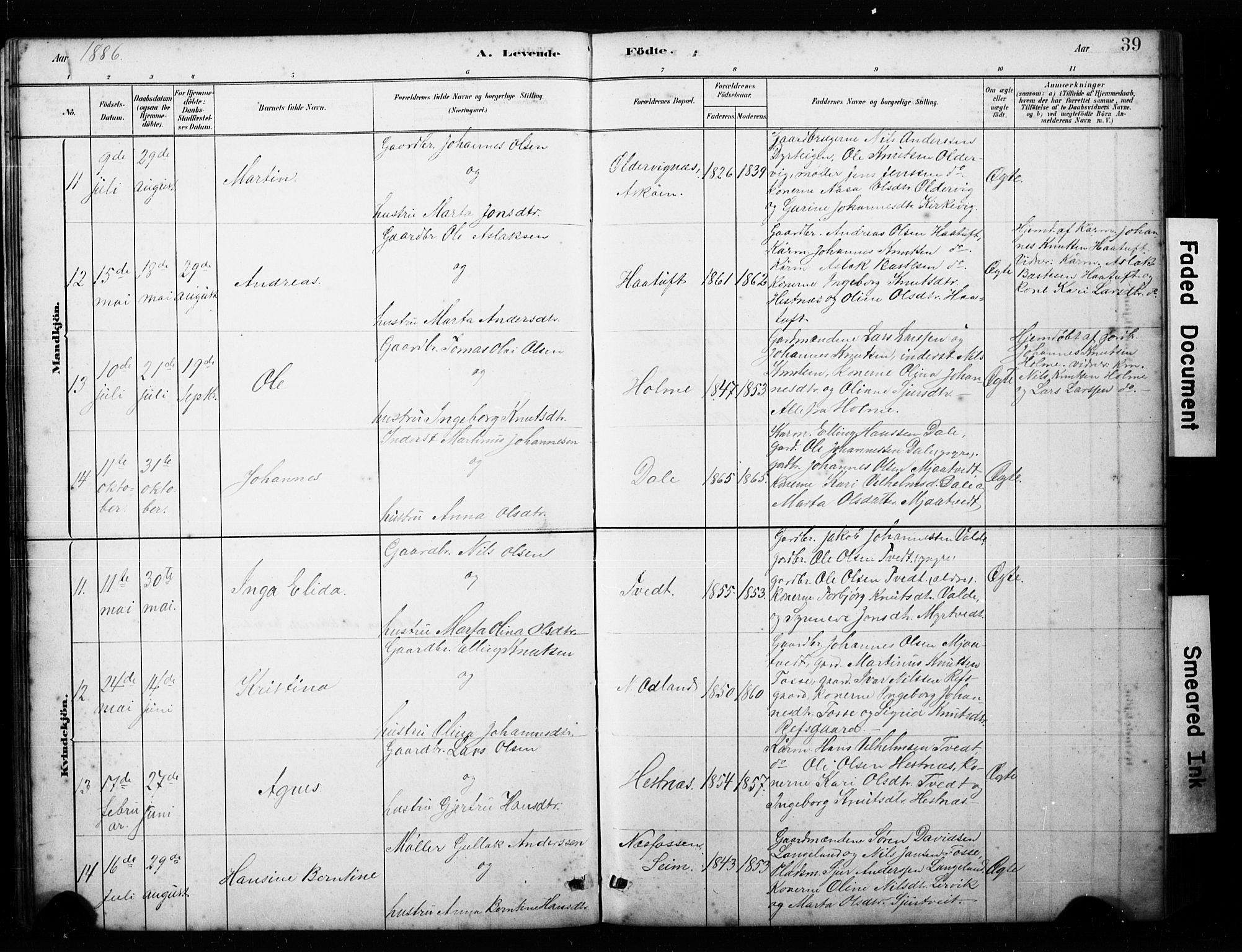 Alversund Sokneprestembete, AV/SAB-A-73901/H/Ha/Hab: Parish register (copy) no. C 3, 1881-1894, p. 39