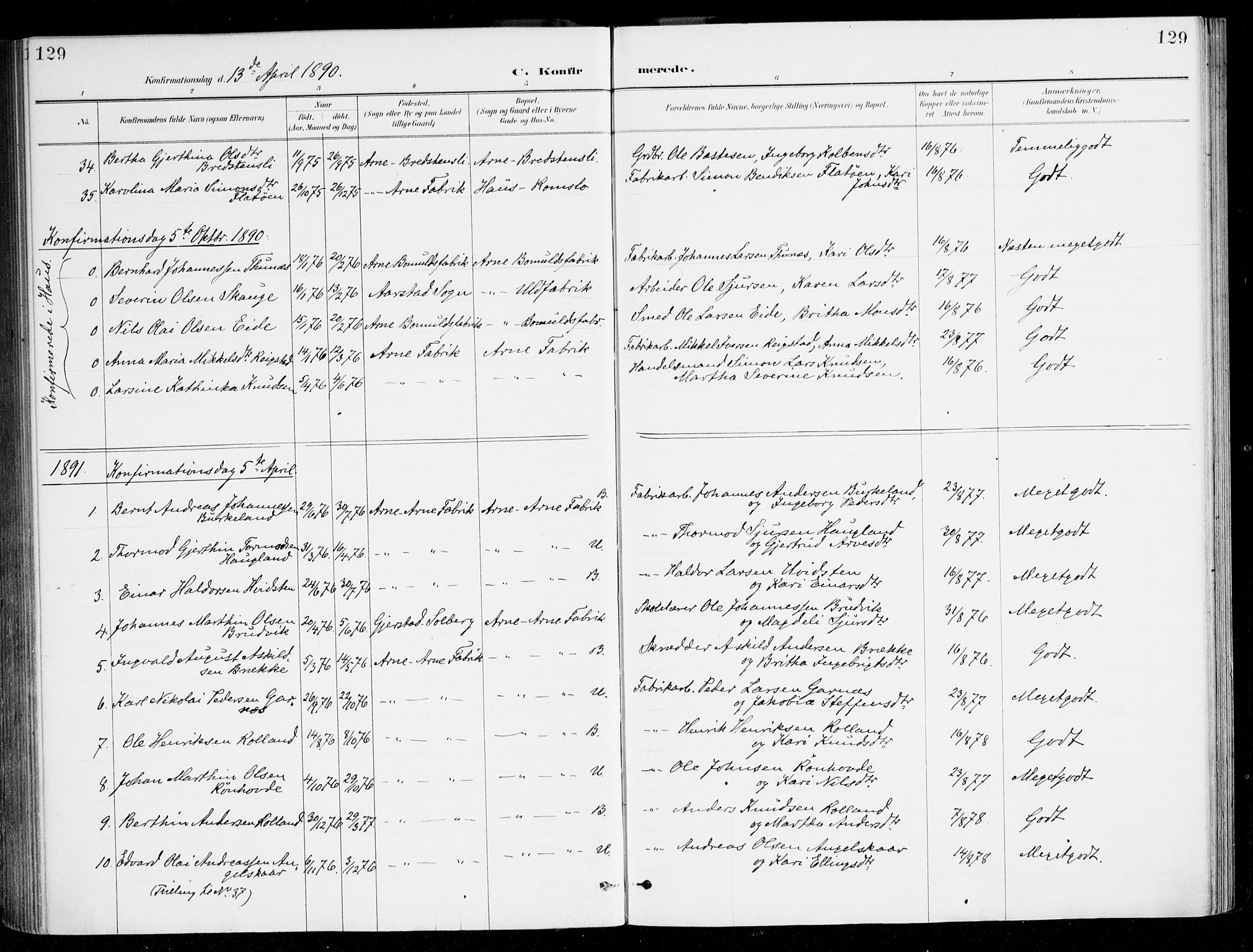 Haus sokneprestembete, AV/SAB-A-75601/H/Haa/Haad/L0001: Parish register (official) no. D 1, 1887-1898, p. 129