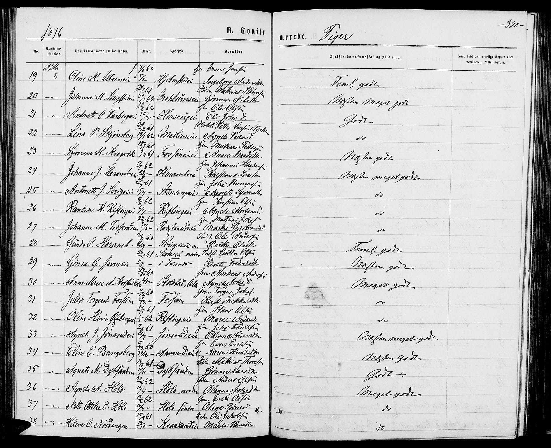 Ringsaker prestekontor, AV/SAH-PREST-014/L/La/L0008: Parish register (copy) no. 8, 1870-1878, p. 320