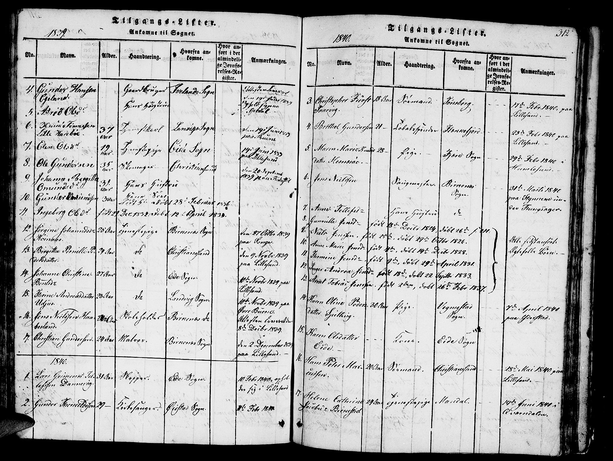 Vestre Moland sokneprestkontor, SAK/1111-0046/F/Fb/Fbb/L0001: Parish register (copy) no. B 1, 1816-1851, p. 312