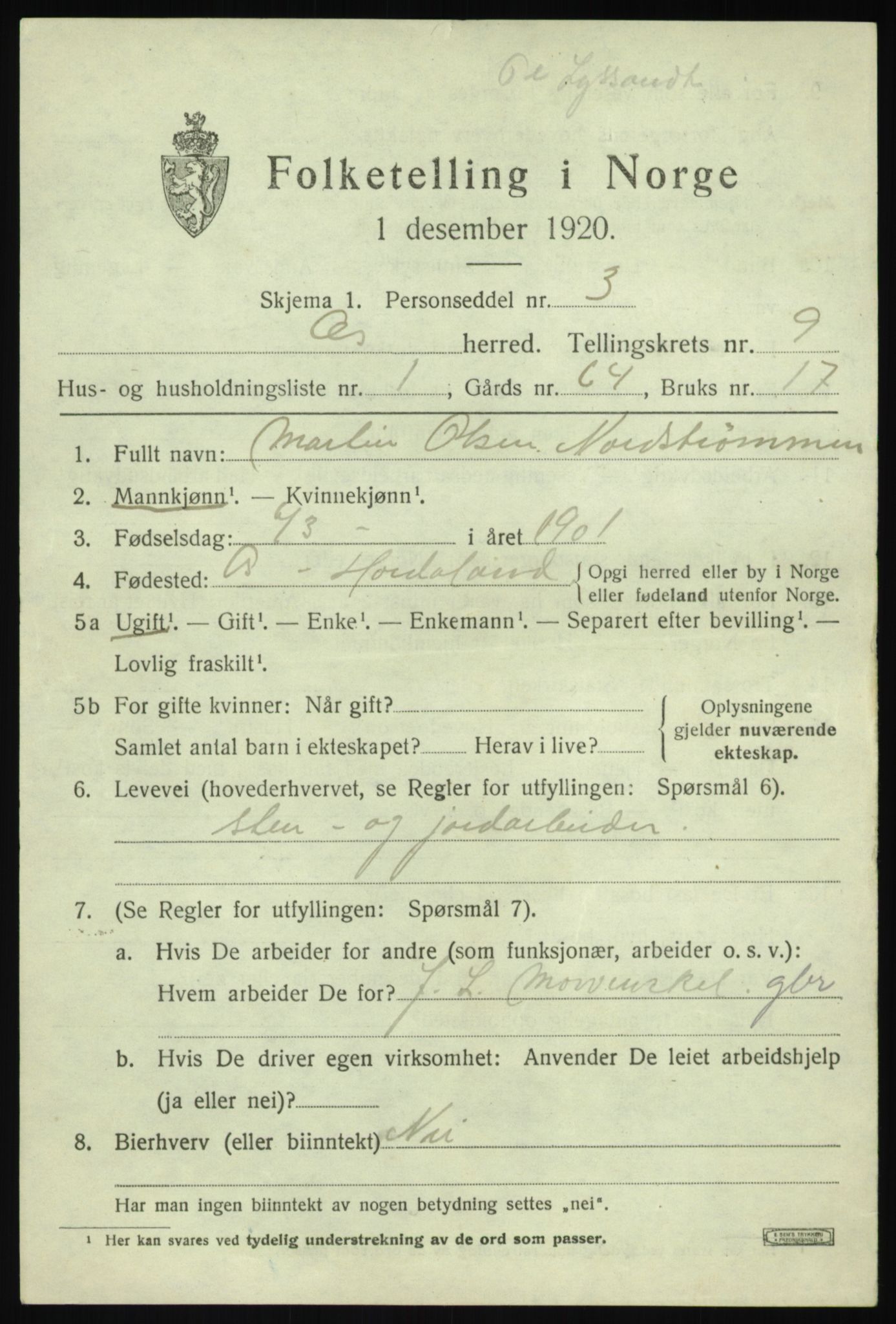 SAB, 1920 census for Os, 1920, p. 7282