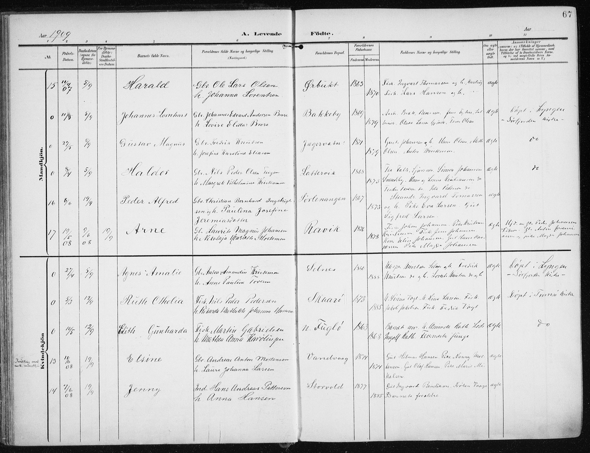 Karlsøy sokneprestembete, SATØ/S-1299/H/Ha/Haa/L0014kirke: Parish register (official) no. 14, 1903-1917, p. 67