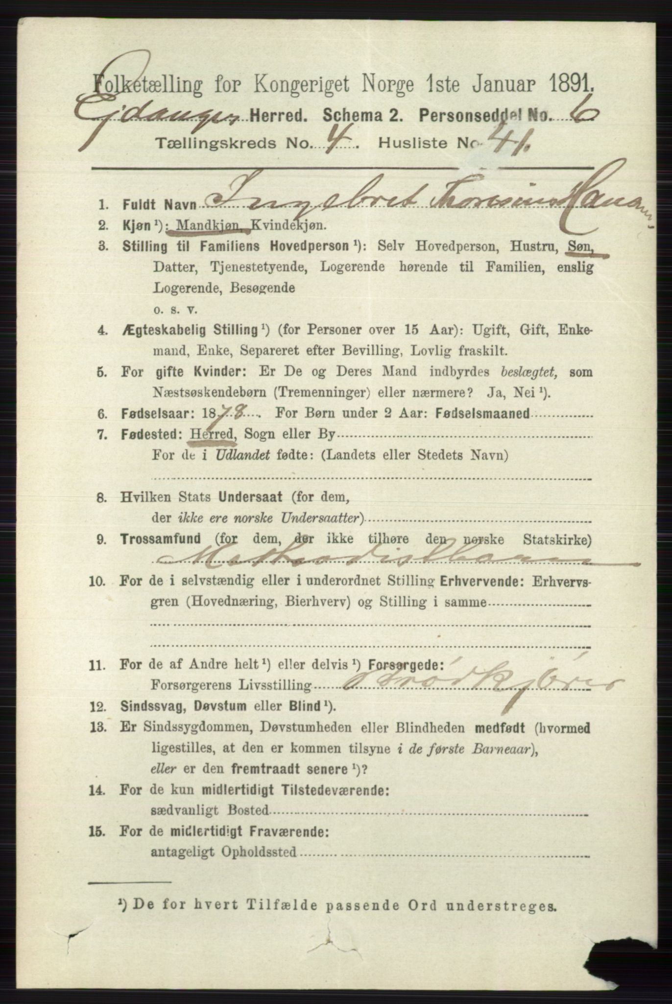 RA, 1891 census for 0813 Eidanger, 1891, p. 2226