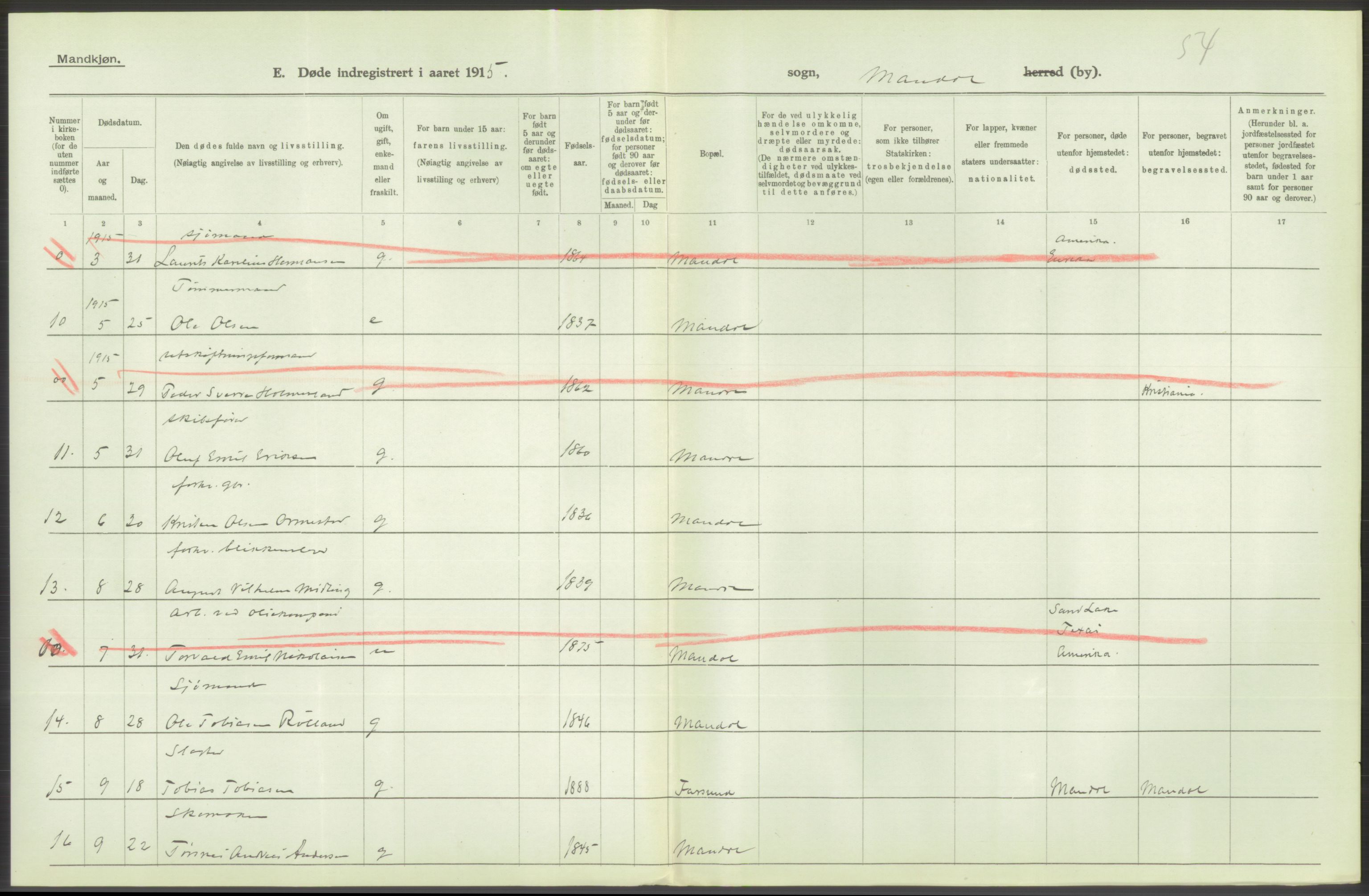 Statistisk sentralbyrå, Sosiodemografiske emner, Befolkning, AV/RA-S-2228/D/Df/Dfb/Dfbe/L0026: Lister og Mandals amt: Døde, dødfødte. Bygder og byer., 1915, p. 334