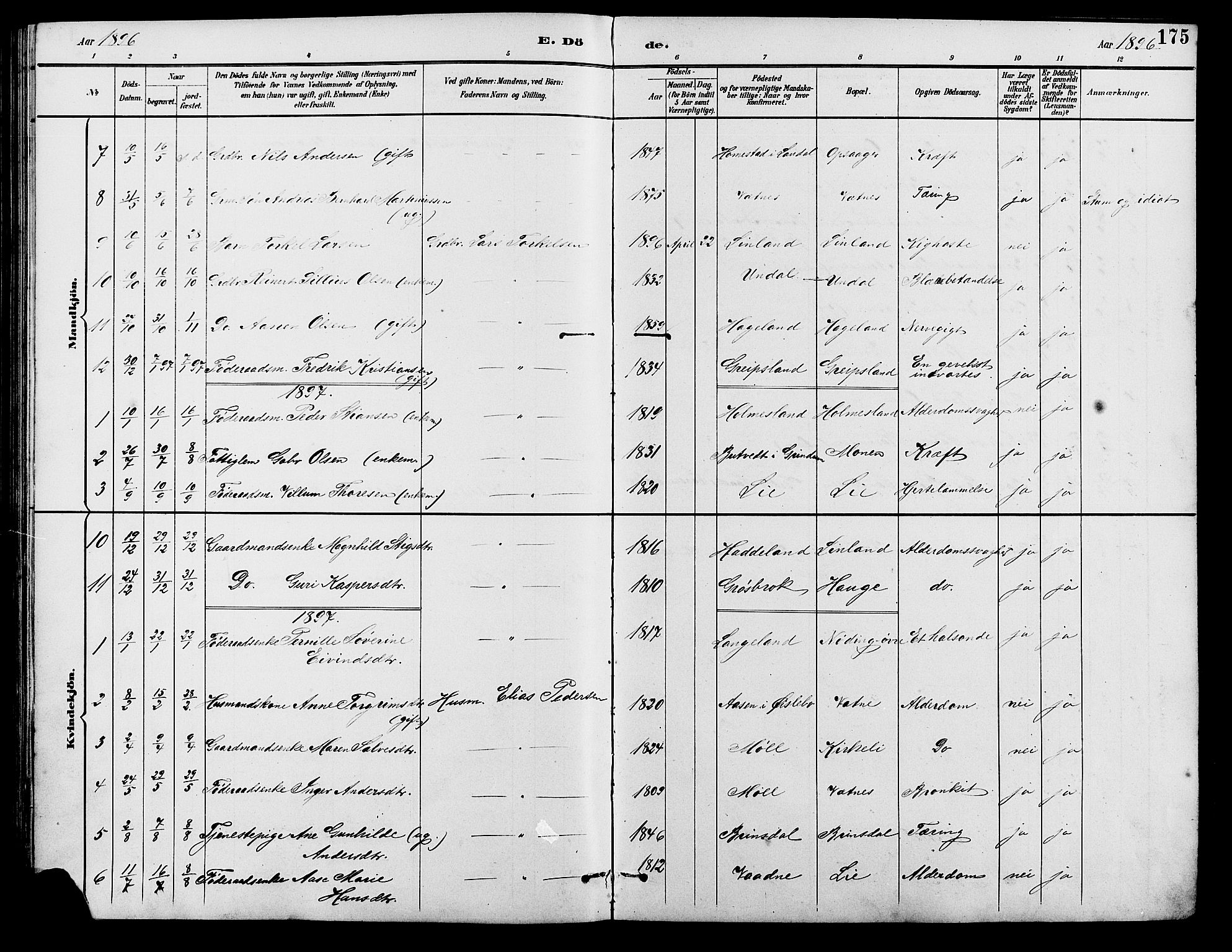 Holum sokneprestkontor, SAK/1111-0022/F/Fb/Fba/L0005: Parish register (copy) no. B 5, 1891-1909, p. 175