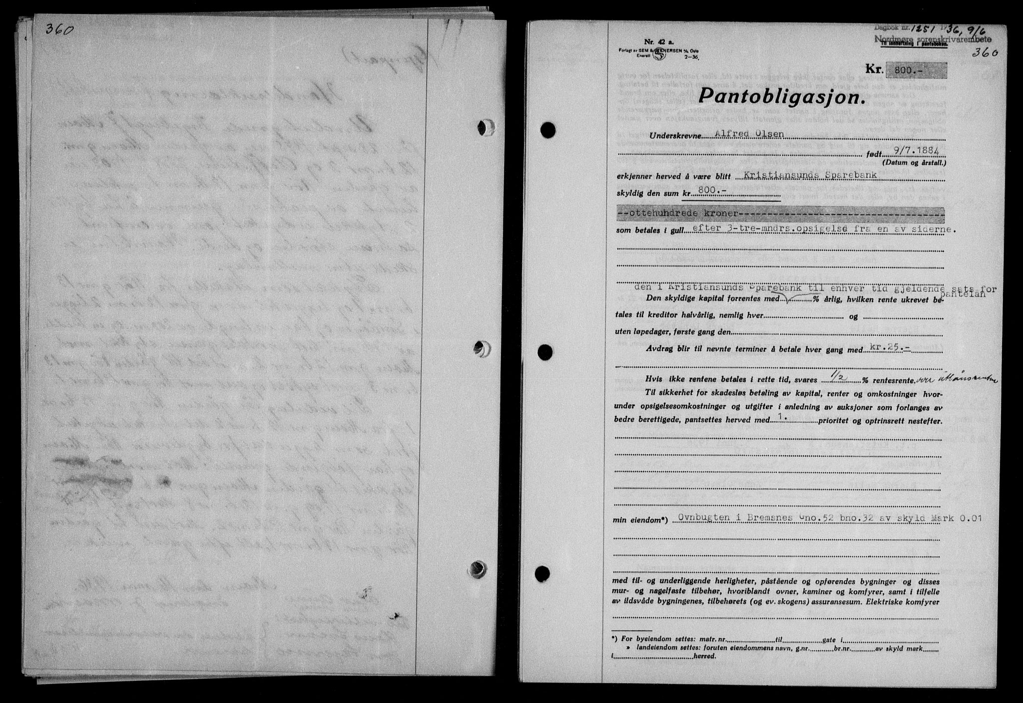 Nordmøre sorenskriveri, AV/SAT-A-4132/1/2/2Ca/L0088: Mortgage book no. 78, 1936-1936, Diary no: : 1251/1936