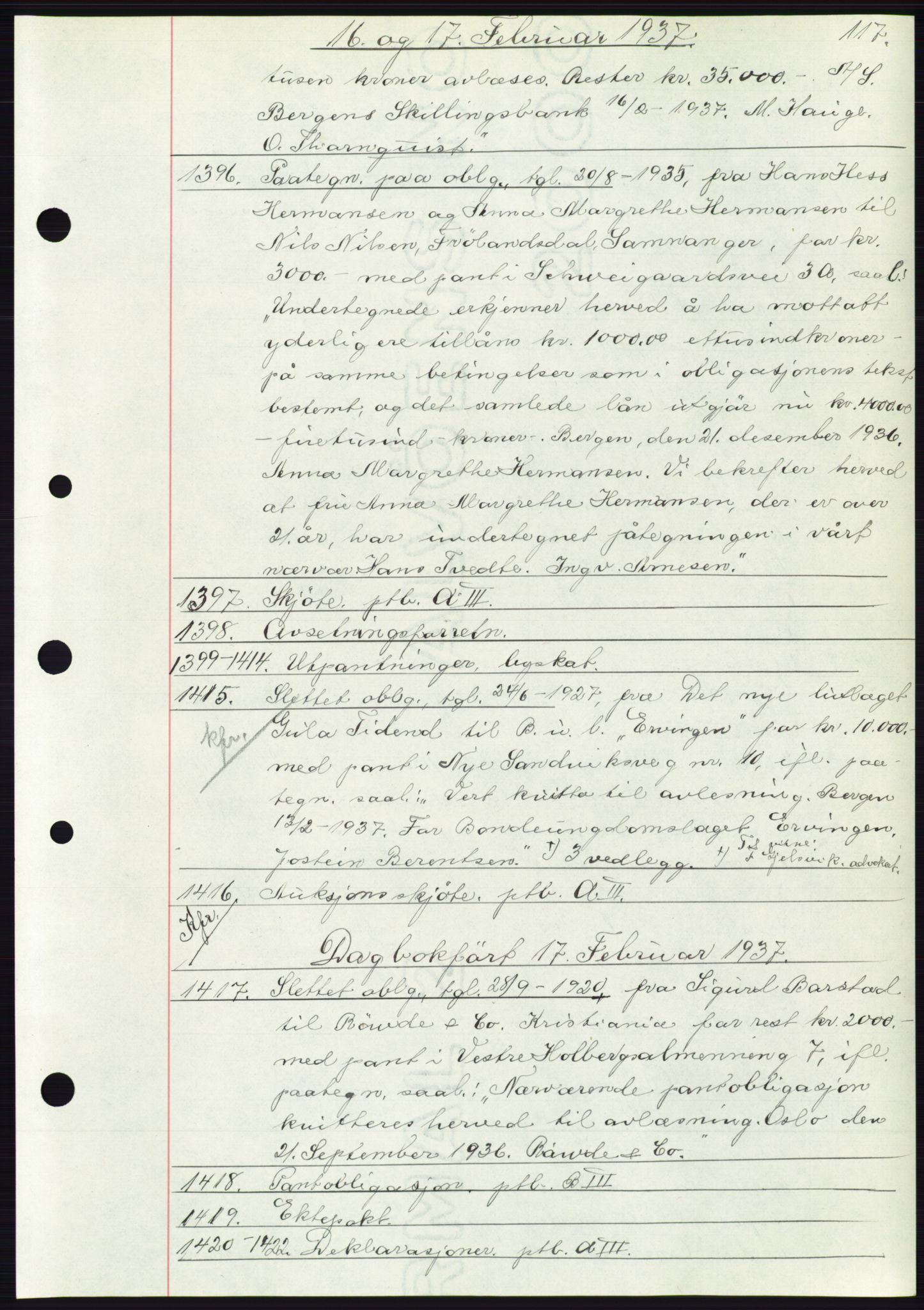 Byfogd og Byskriver i Bergen, AV/SAB-A-3401/03: Mortgage book no. C 3, 1936-1937, Diary no: : 1396/1937