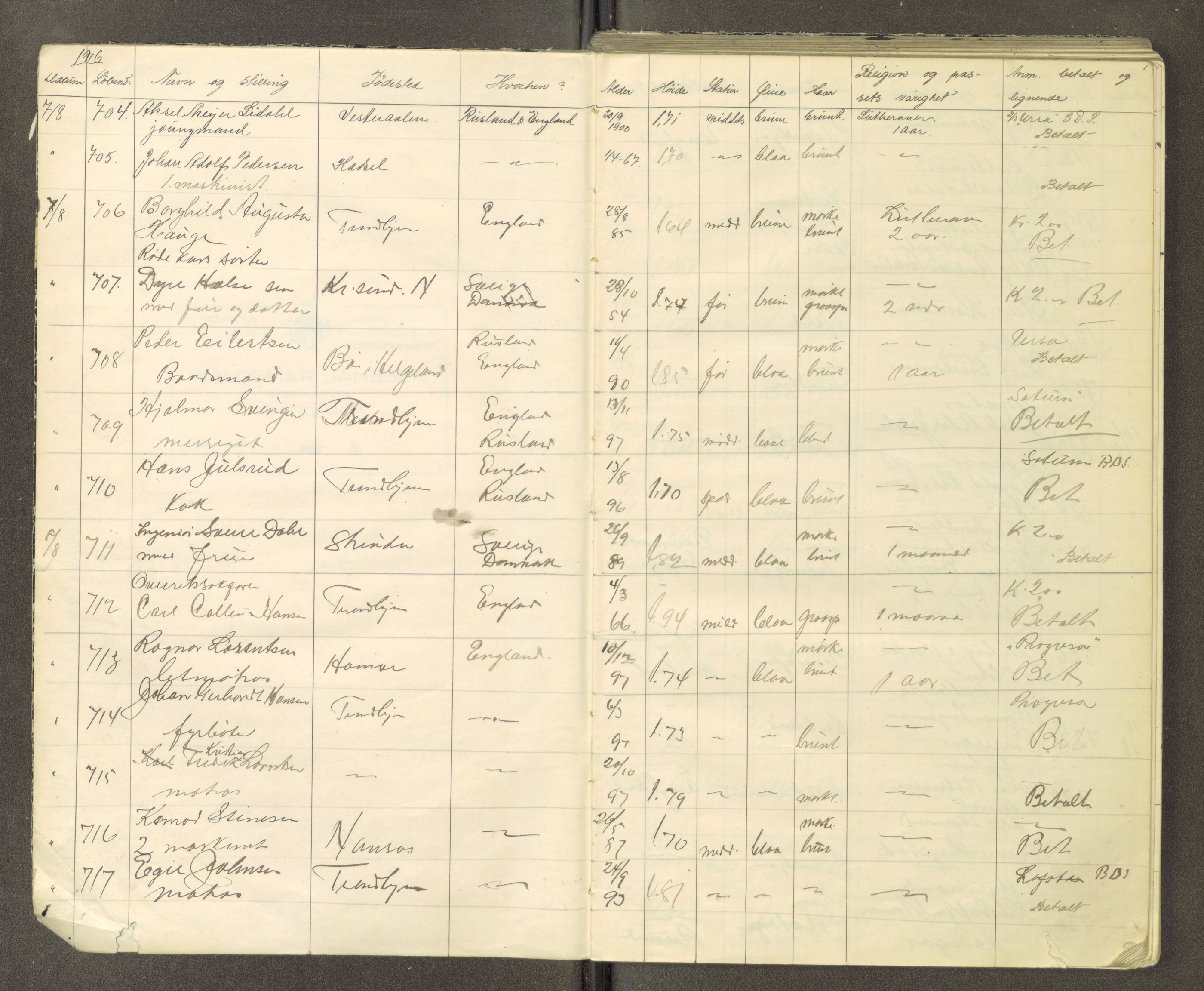 Trondheim politikammer, AV/SAT-A-1887/1/30/L0015: Passprotokoll. Utstedte pass, 1916-1918, p. 1