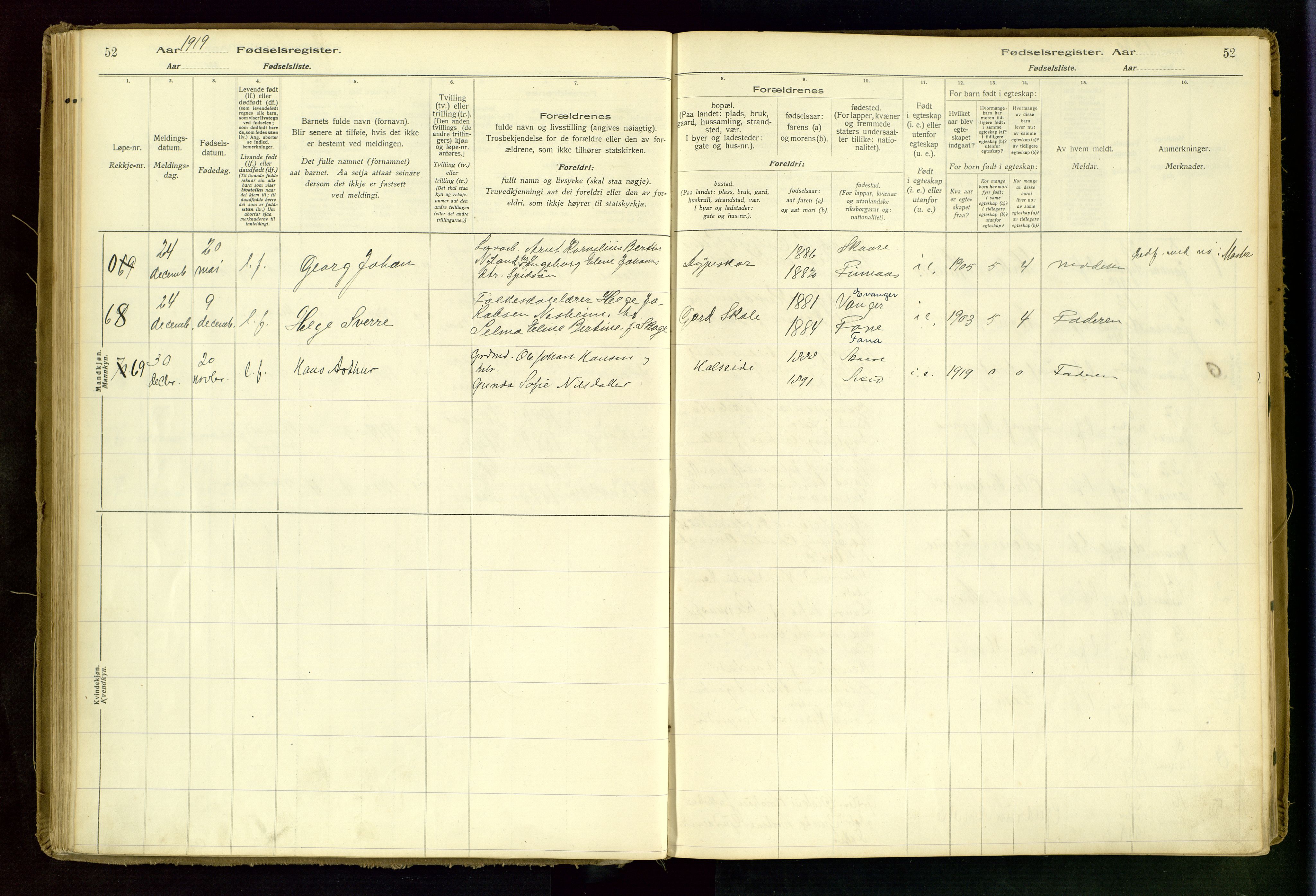 Haugesund sokneprestkontor, AV/SAST-A -101863/I/Id/L0001: Birth register no. 1, 1916-1935, p. 52