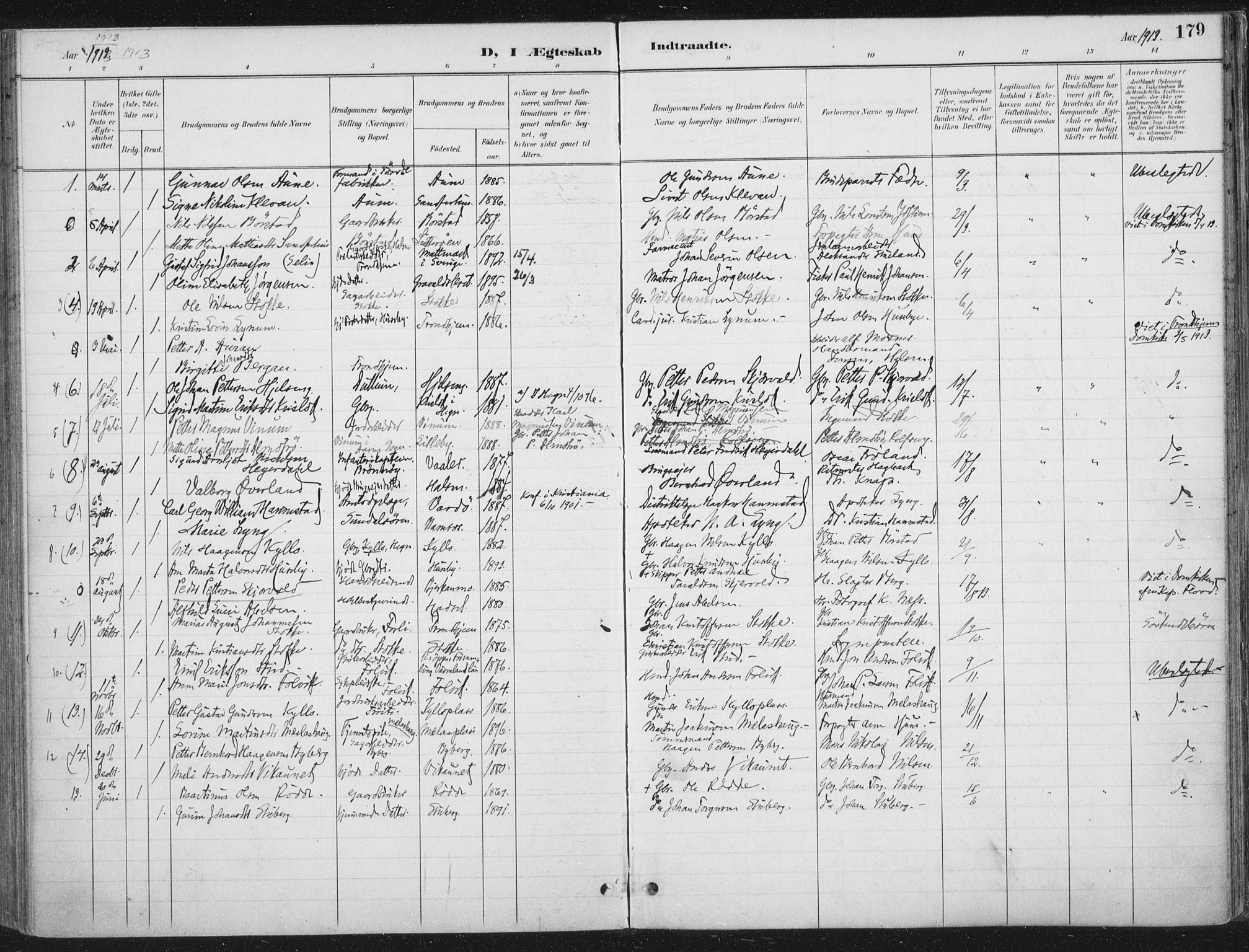 Ministerialprotokoller, klokkerbøker og fødselsregistre - Nord-Trøndelag, SAT/A-1458/709/L0082: Parish register (official) no. 709A22, 1896-1916, p. 179