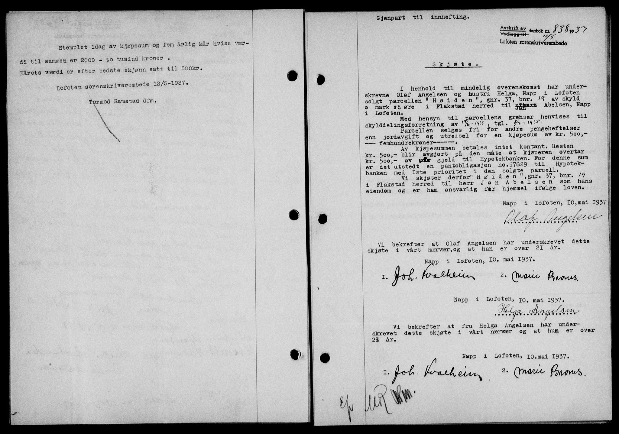 Lofoten sorenskriveri, SAT/A-0017/1/2/2C/L0002a: Mortgage book no. 2a, 1937-1937, Diary no: : 838/1937