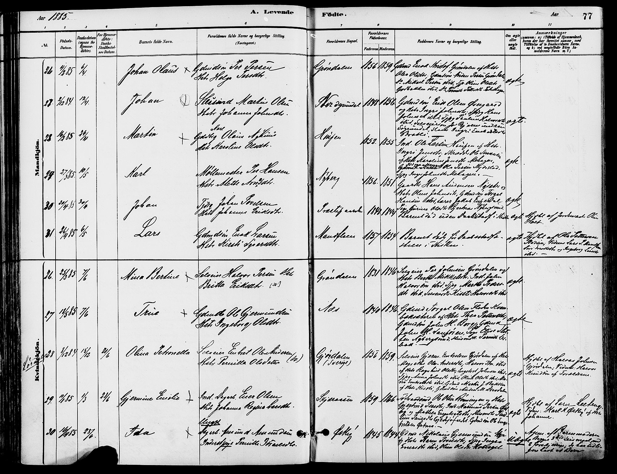 Trysil prestekontor, SAH/PREST-046/H/Ha/Haa/L0008: Parish register (official) no. 8, 1881-1897, p. 77