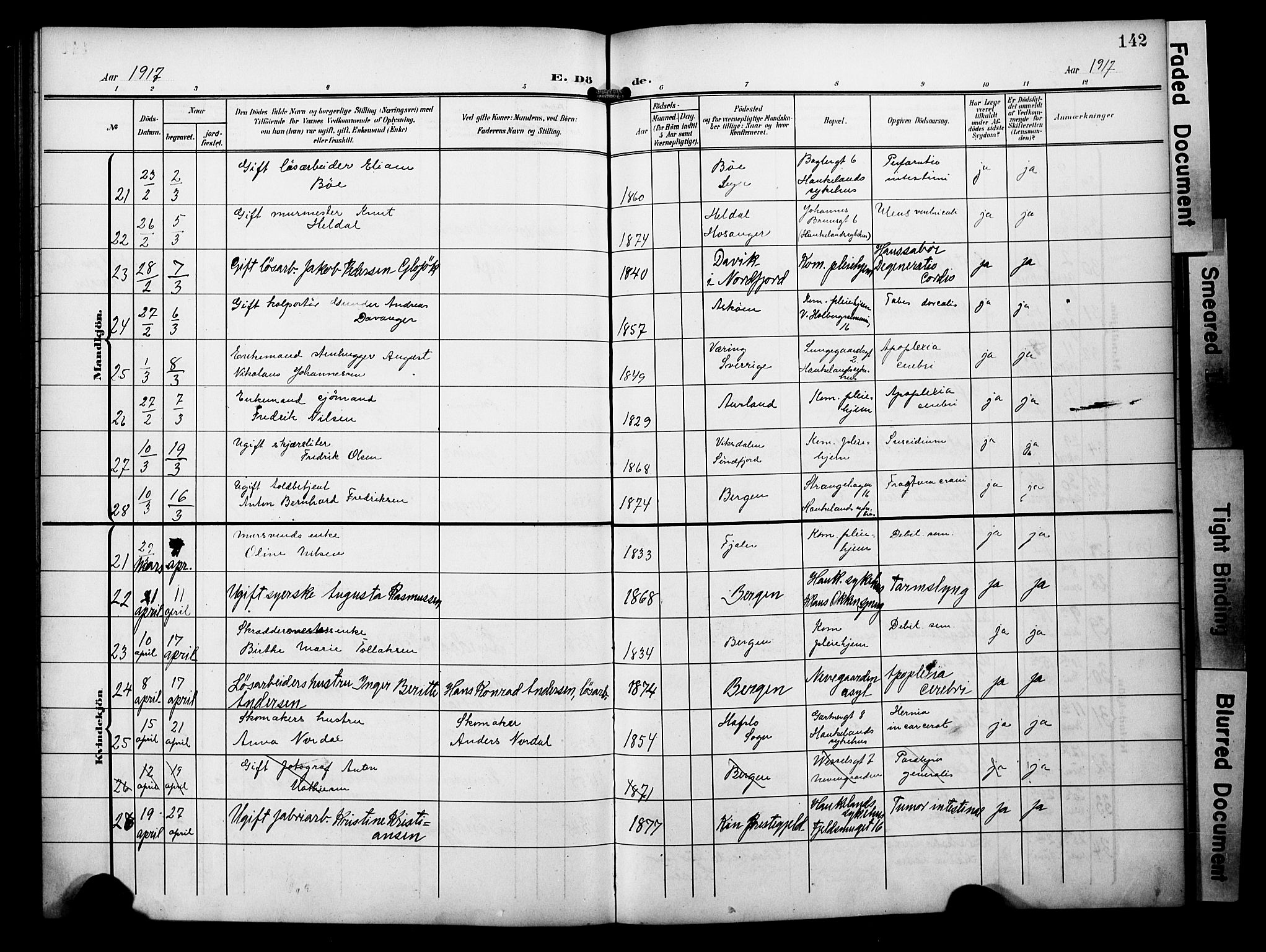 Bergen kommunale pleiehjem - stiftelsespresten, AV/SAB-A-100281: Parish register (official) no. A 6, 1908-1920, p. 142