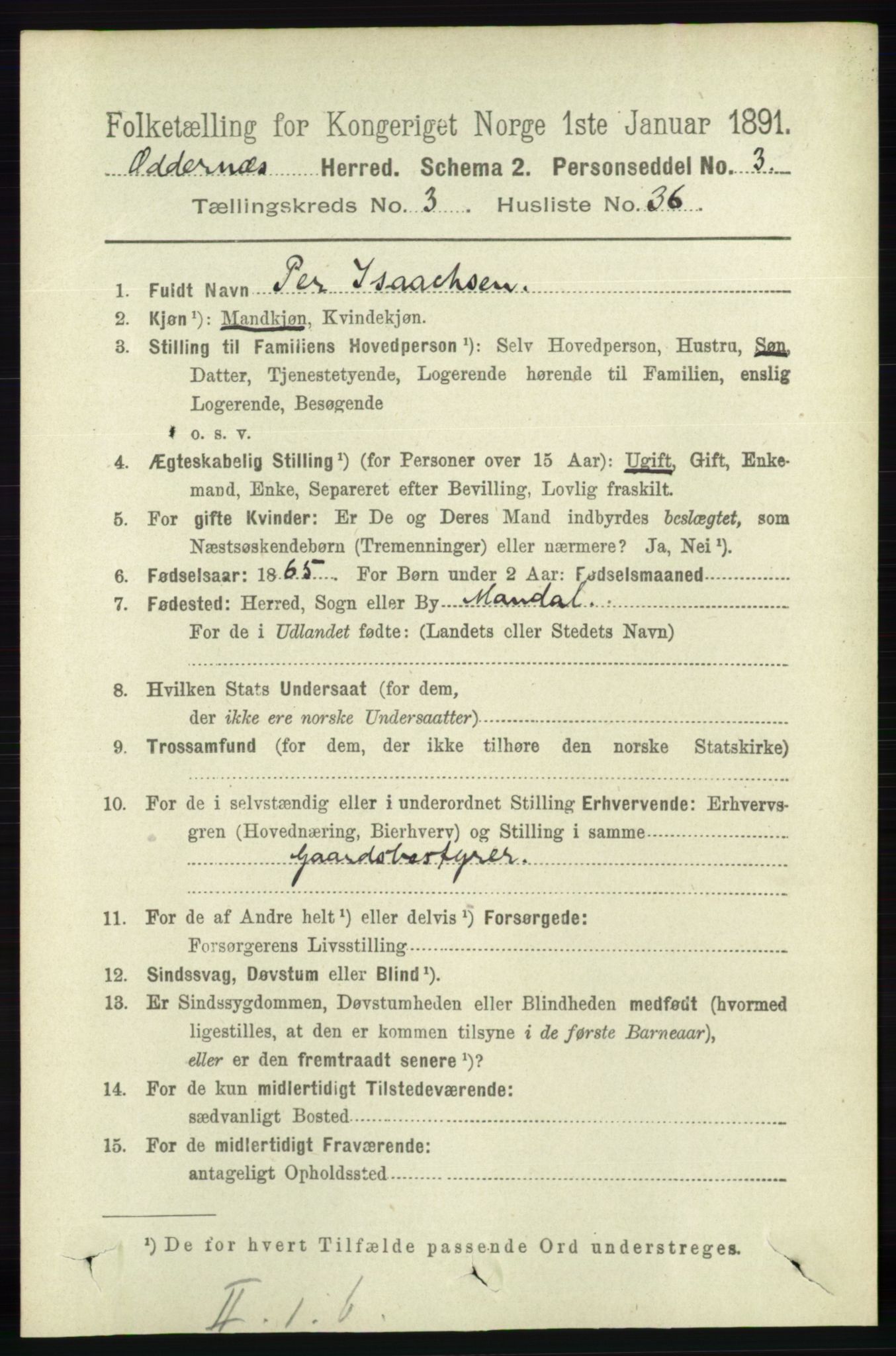 RA, 1891 census for 1012 Oddernes, 1891, p. 1004