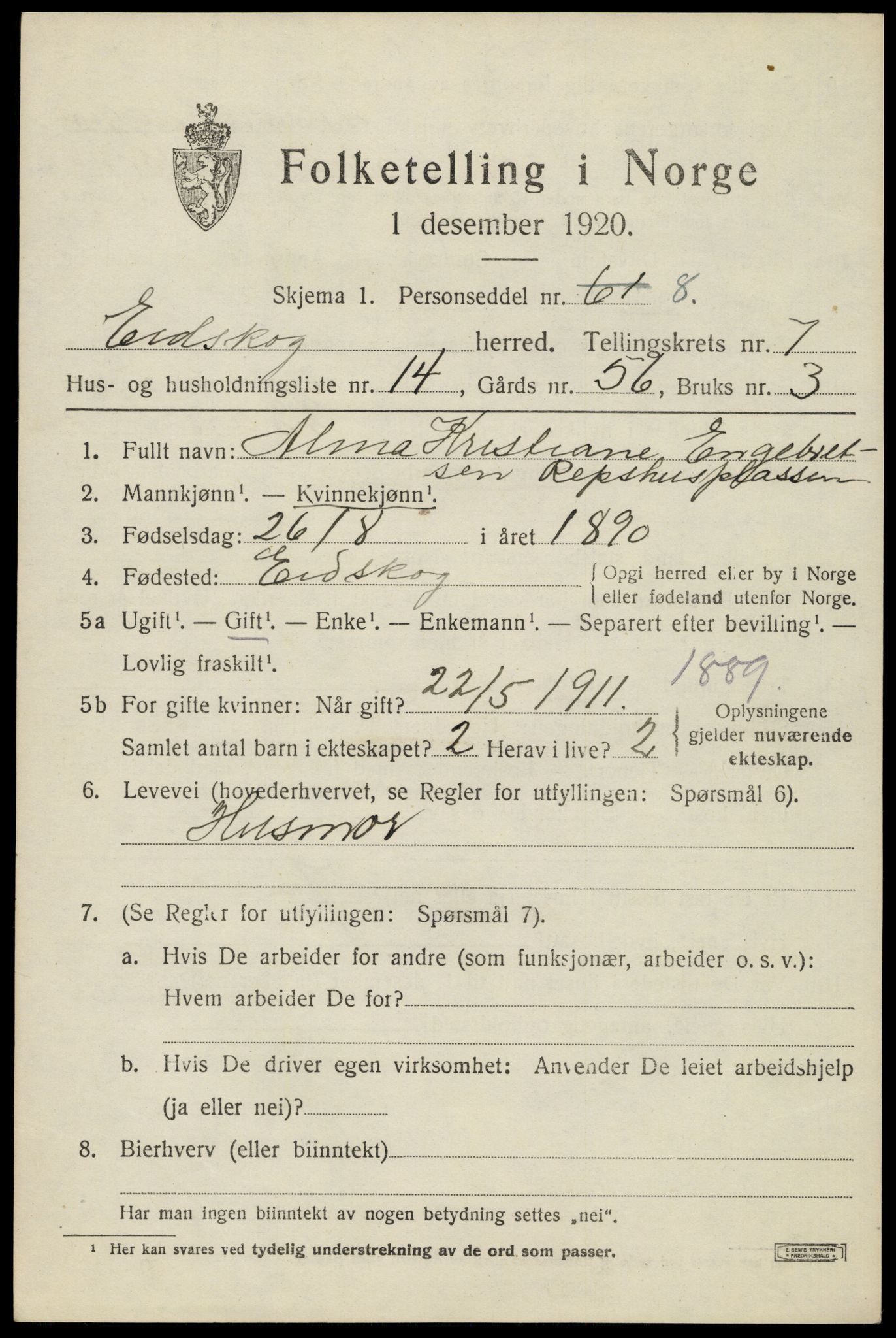 SAH, 1920 census for Eidskog, 1920, p. 8559