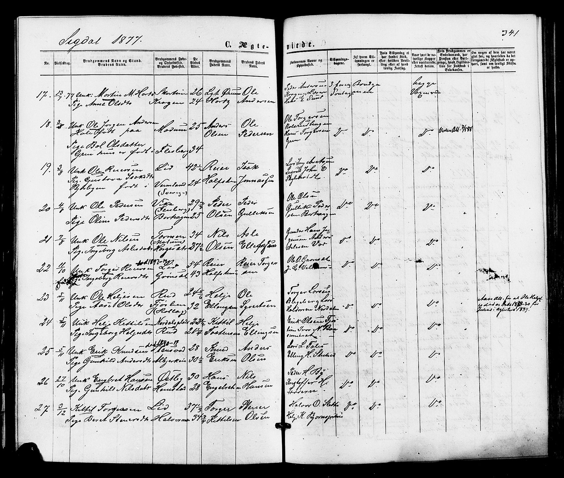 Sigdal kirkebøker, SAKO/A-245/F/Fa/L0010: Parish register (official) no. I 10 /1, 1872-1878, p. 341