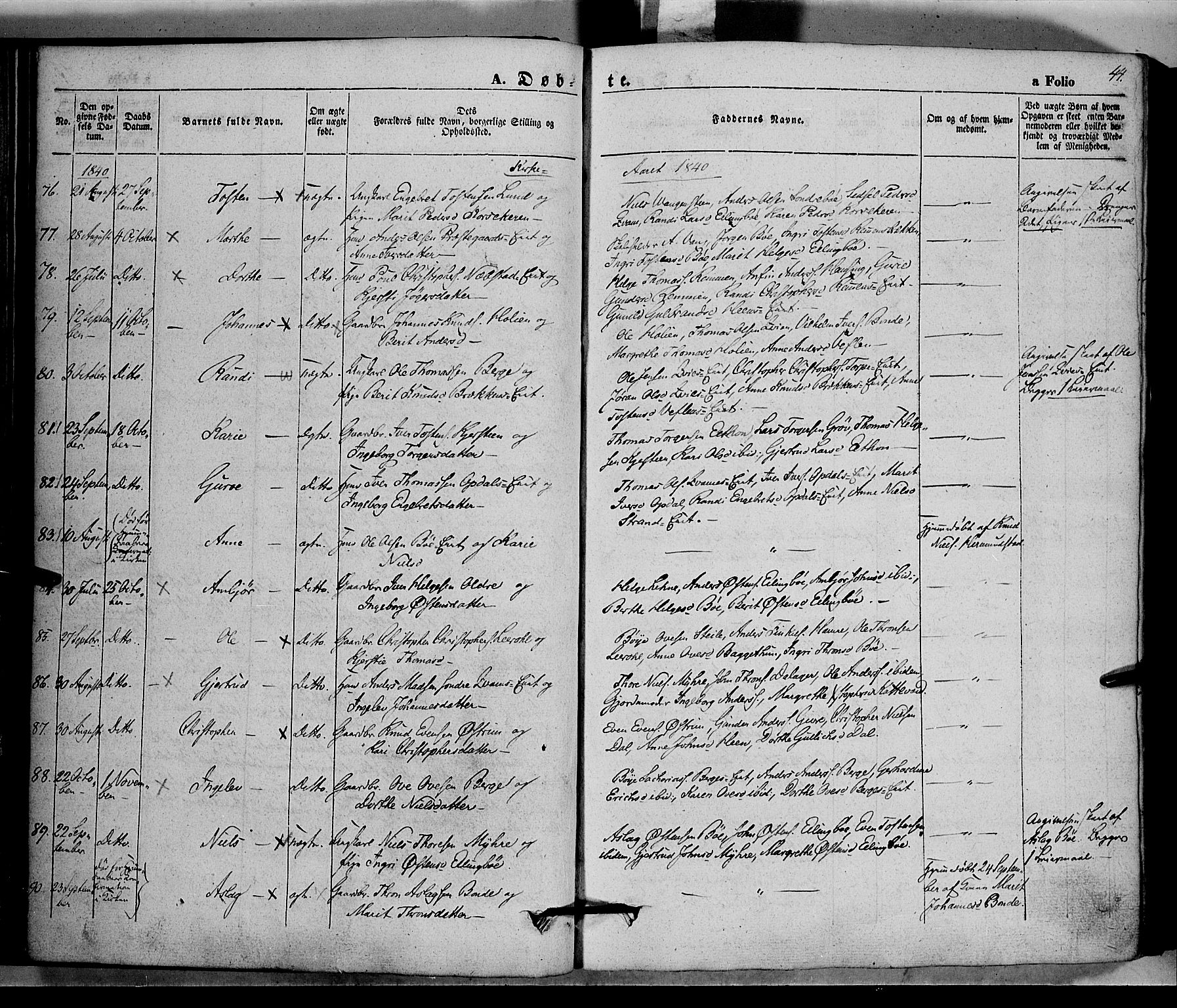 Vang prestekontor, Valdres, SAH/PREST-140/H/Ha/L0005: Parish register (official) no. 5, 1831-1845, p. 44
