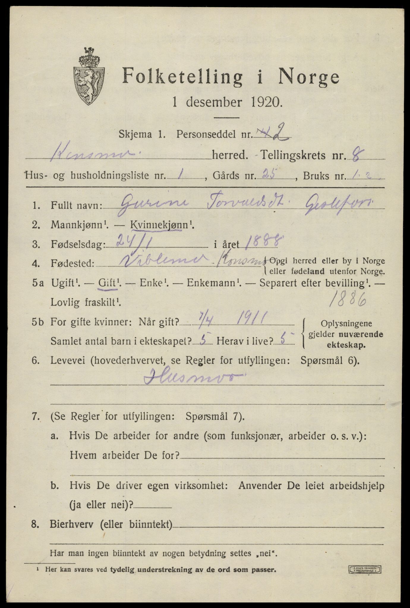 SAK, 1920 census for Konsmo, 1920, p. 1638