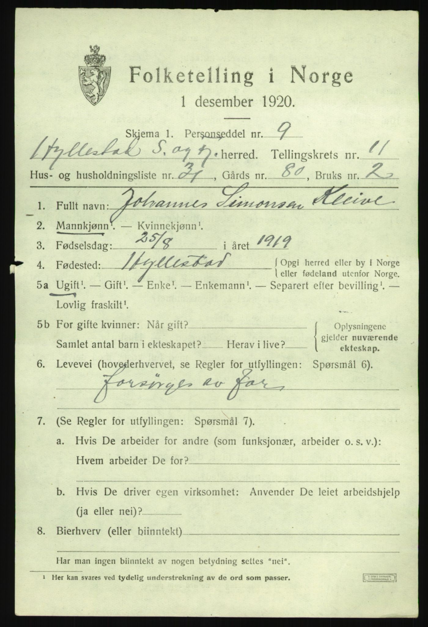 SAB, 1920 census for Hyllestad, 1920, p. 4476