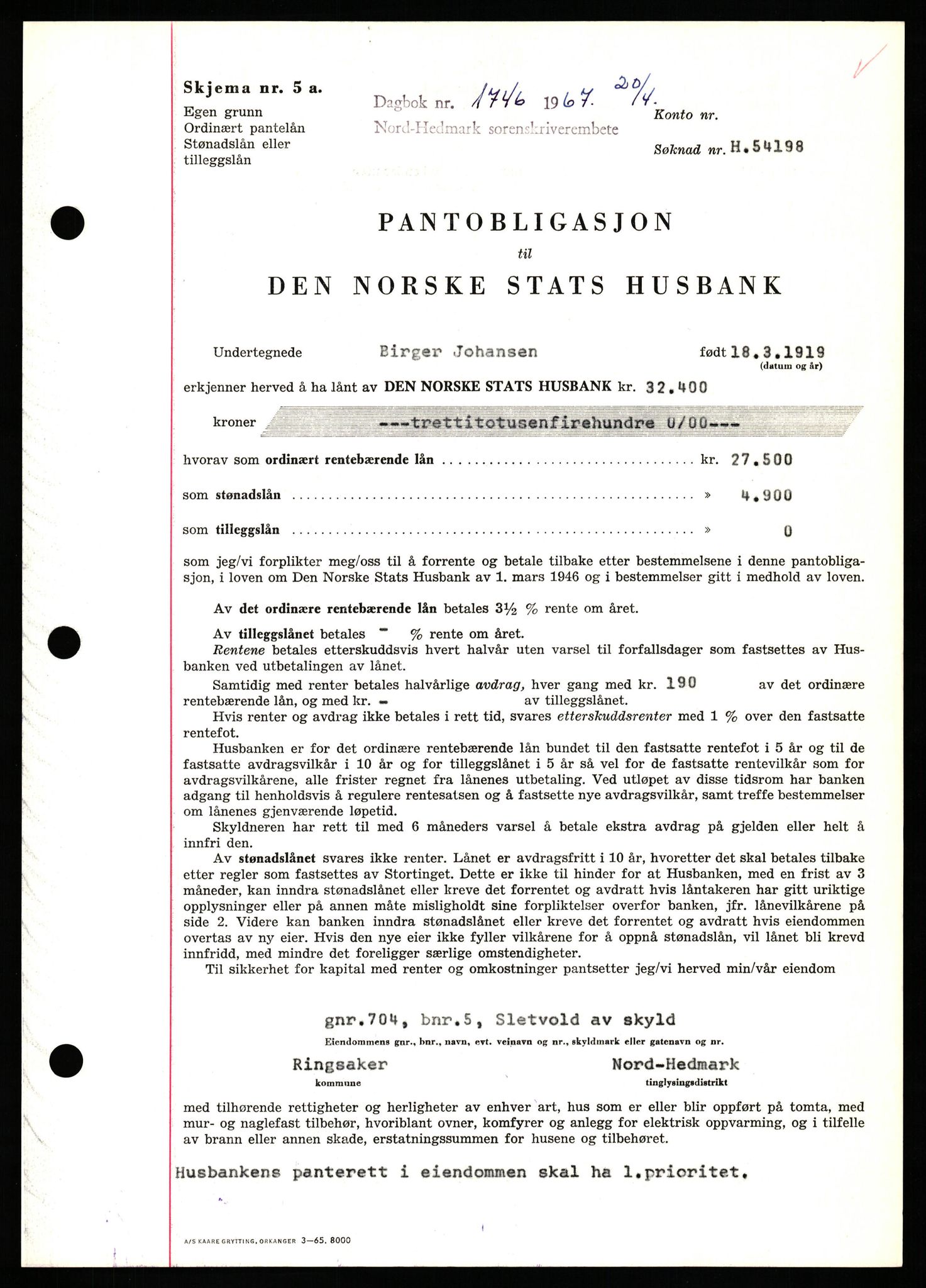 Nord-Hedmark sorenskriveri, SAH/TING-012/H/Hb/Hbf/L0071: Mortgage book no. B71, 1967-1967, Diary no: : 1746/1967