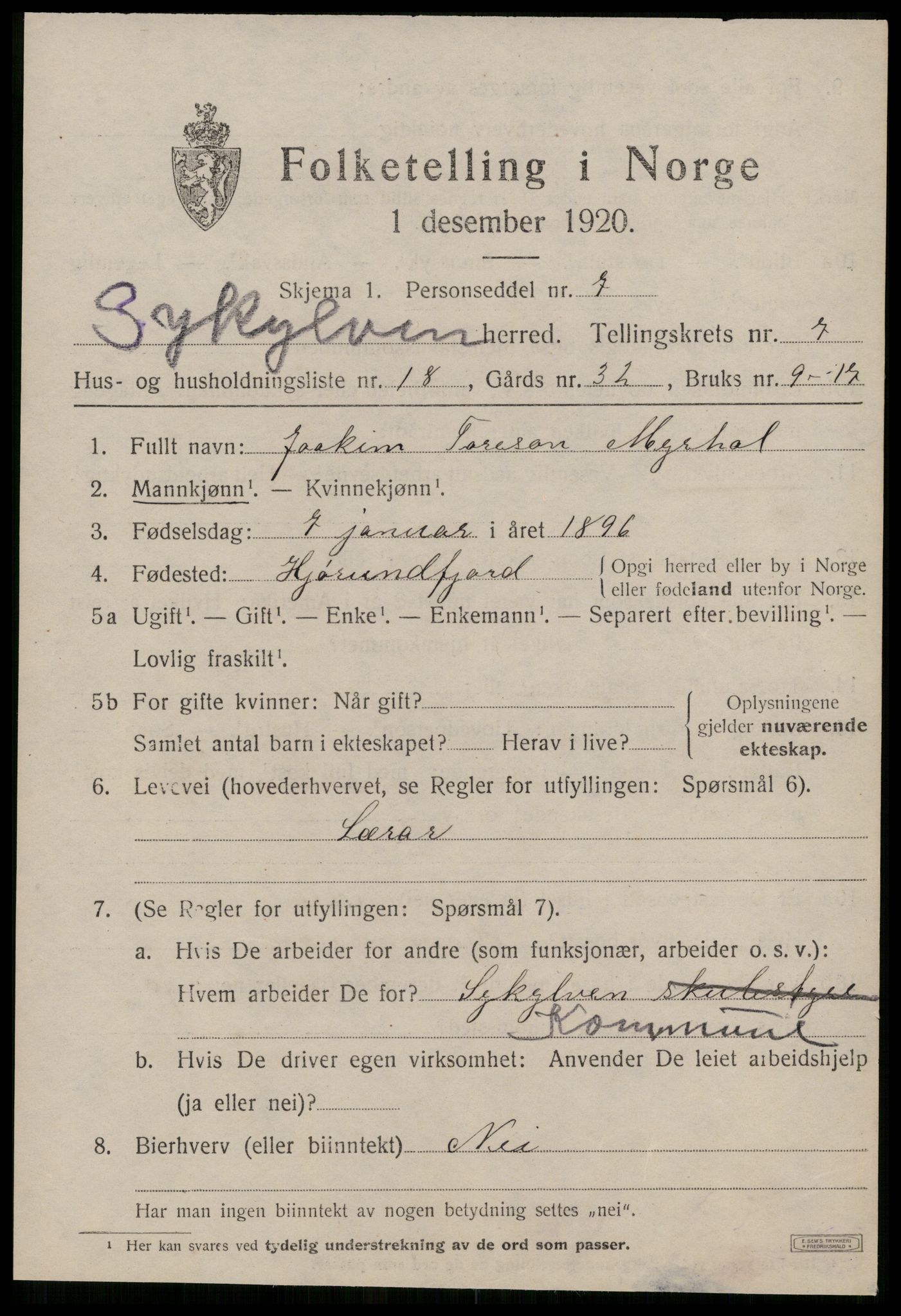 SAT, 1920 census for Sykkylven, 1920, p. 4233