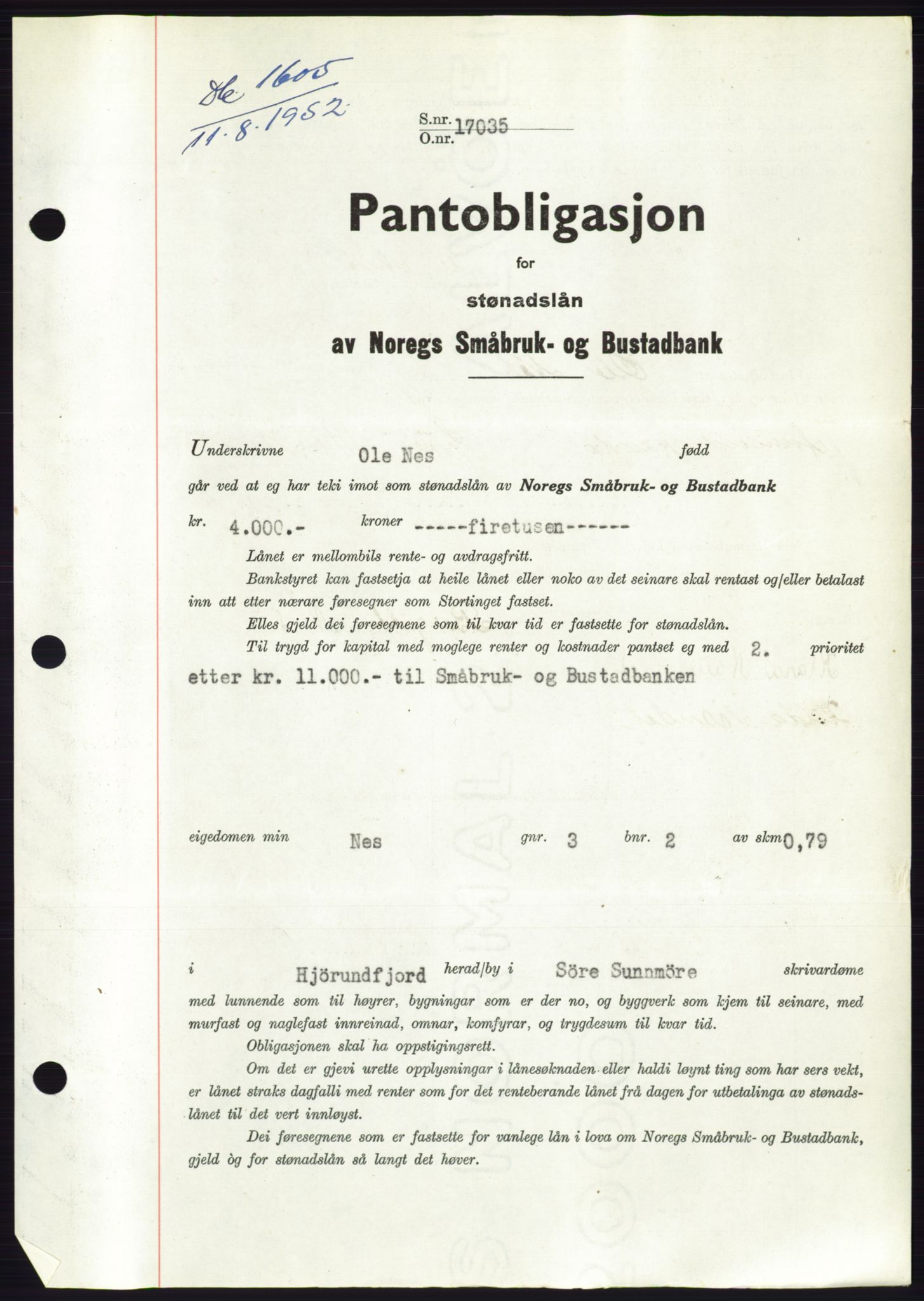 Søre Sunnmøre sorenskriveri, AV/SAT-A-4122/1/2/2C/L0121: Mortgage book no. 9B, 1951-1952, Diary no: : 1605/1952