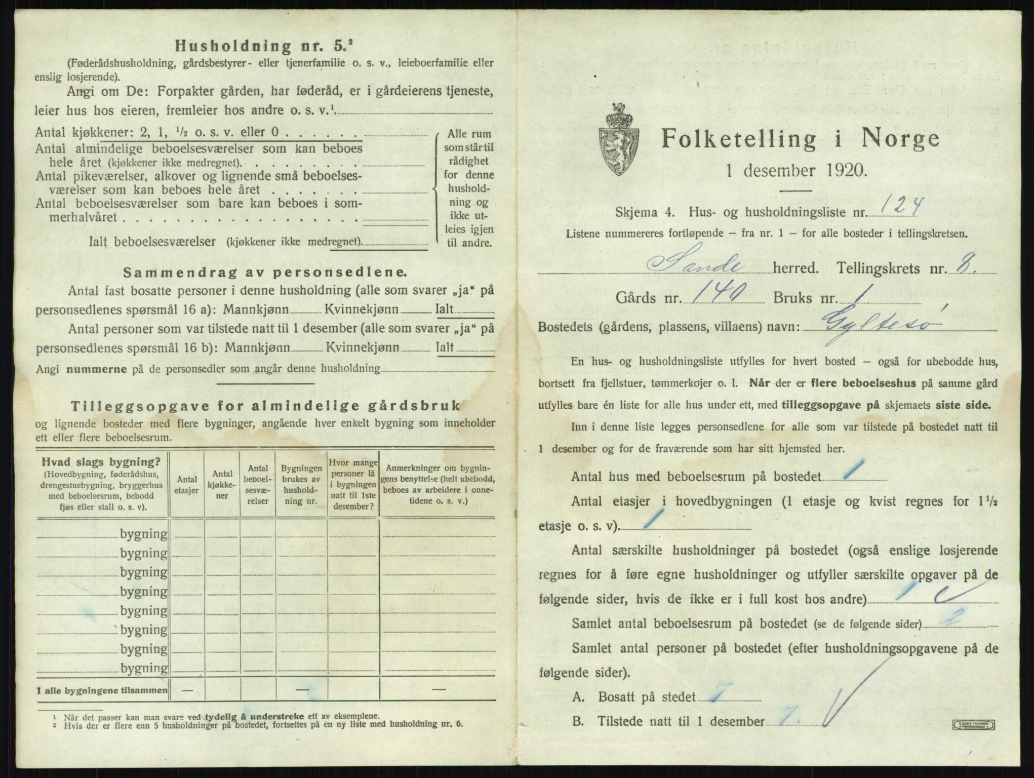 SAKO, 1920 census for Sande, 1920, p. 1606