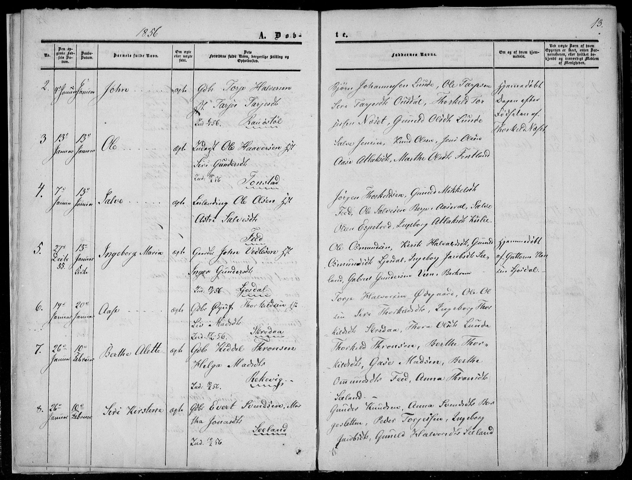 Sirdal sokneprestkontor, AV/SAK-1111-0036/F/Fa/Fab/L0002: Parish register (official) no. A 2, 1855-1874, p. 13