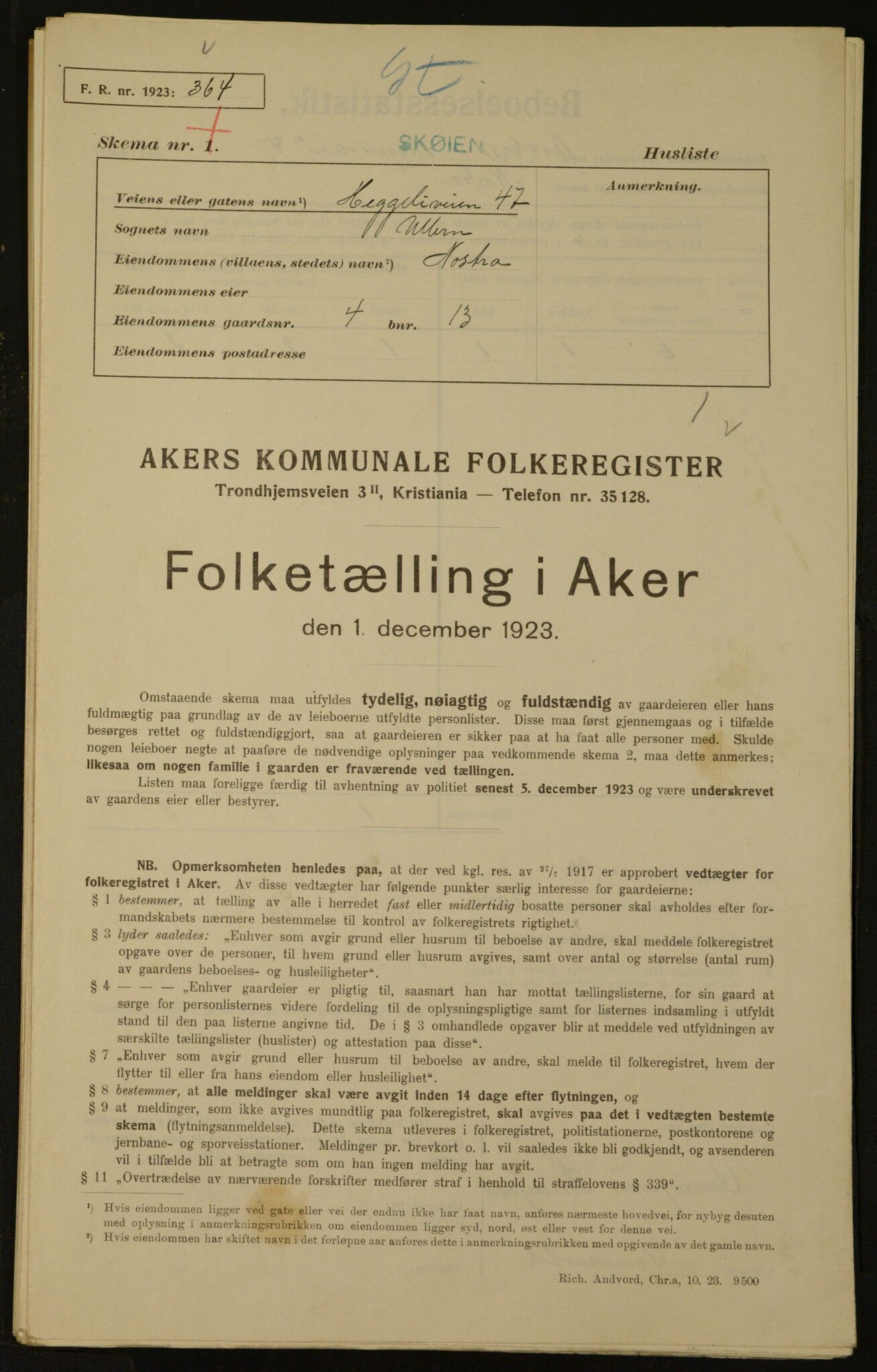 , Municipal Census 1923 for Aker, 1923, p. 2312