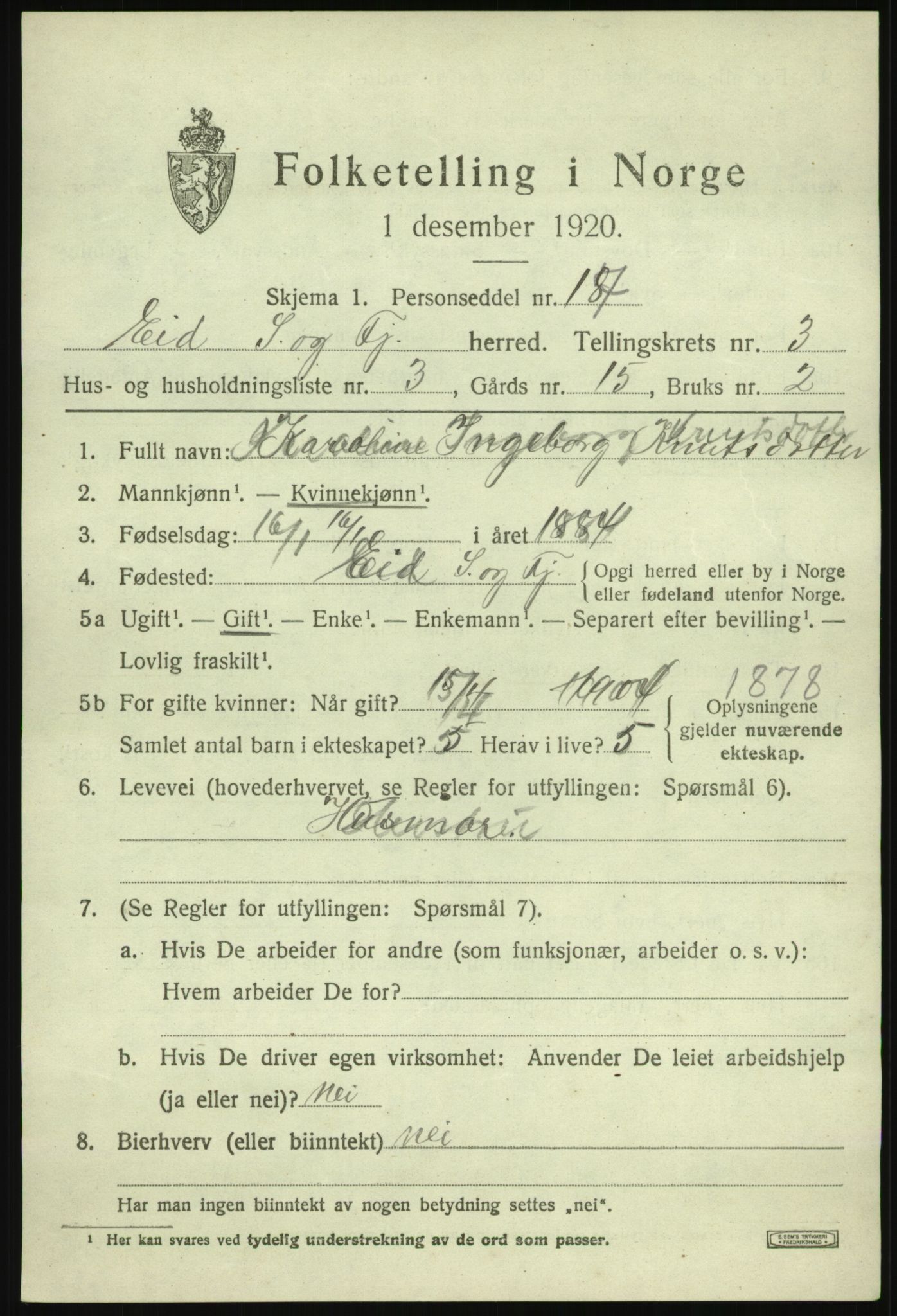 SAB, 1920 census for Eid, 1920, p. 2030