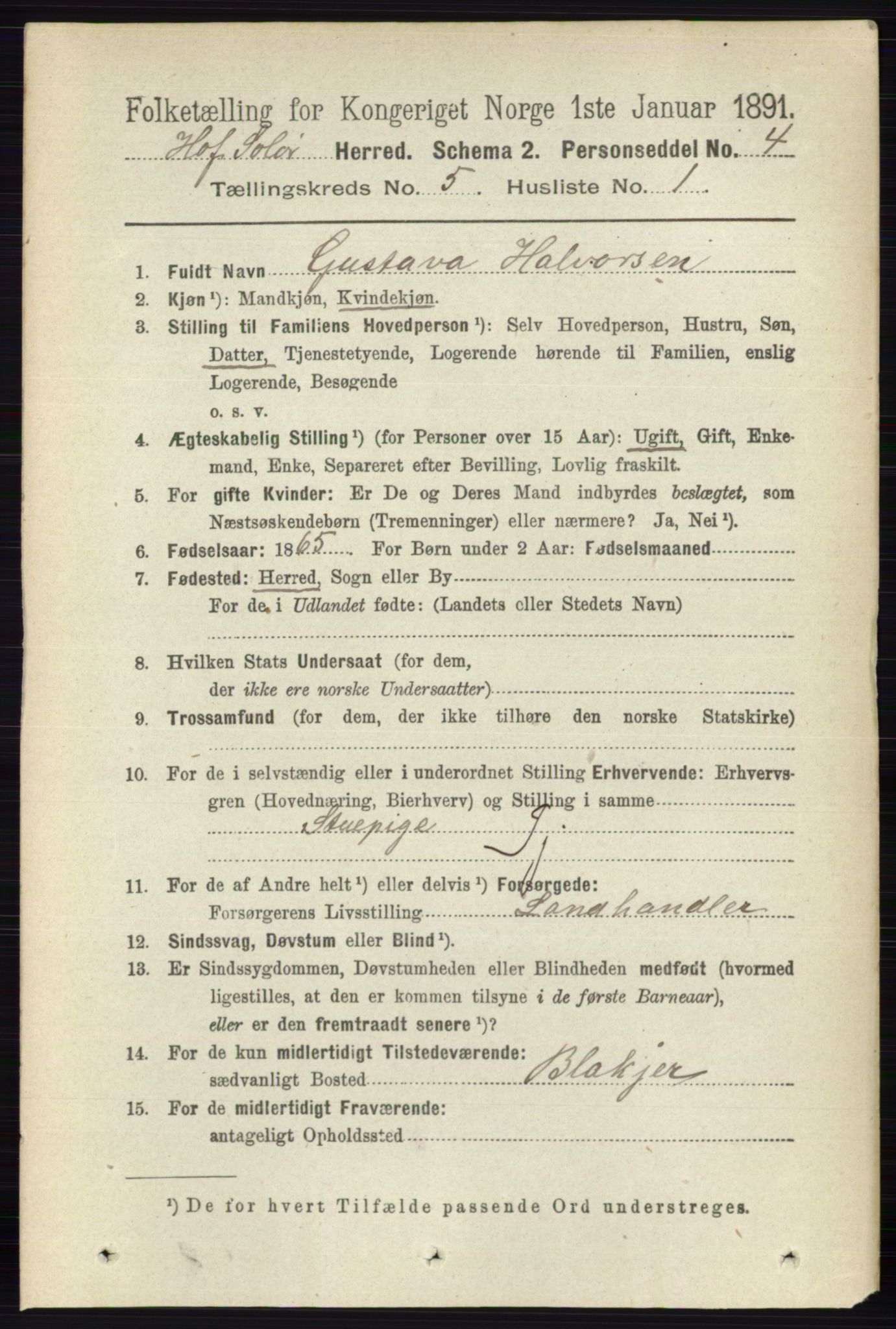 RA, 1891 census for 0424 Hof, 1891, p. 1884