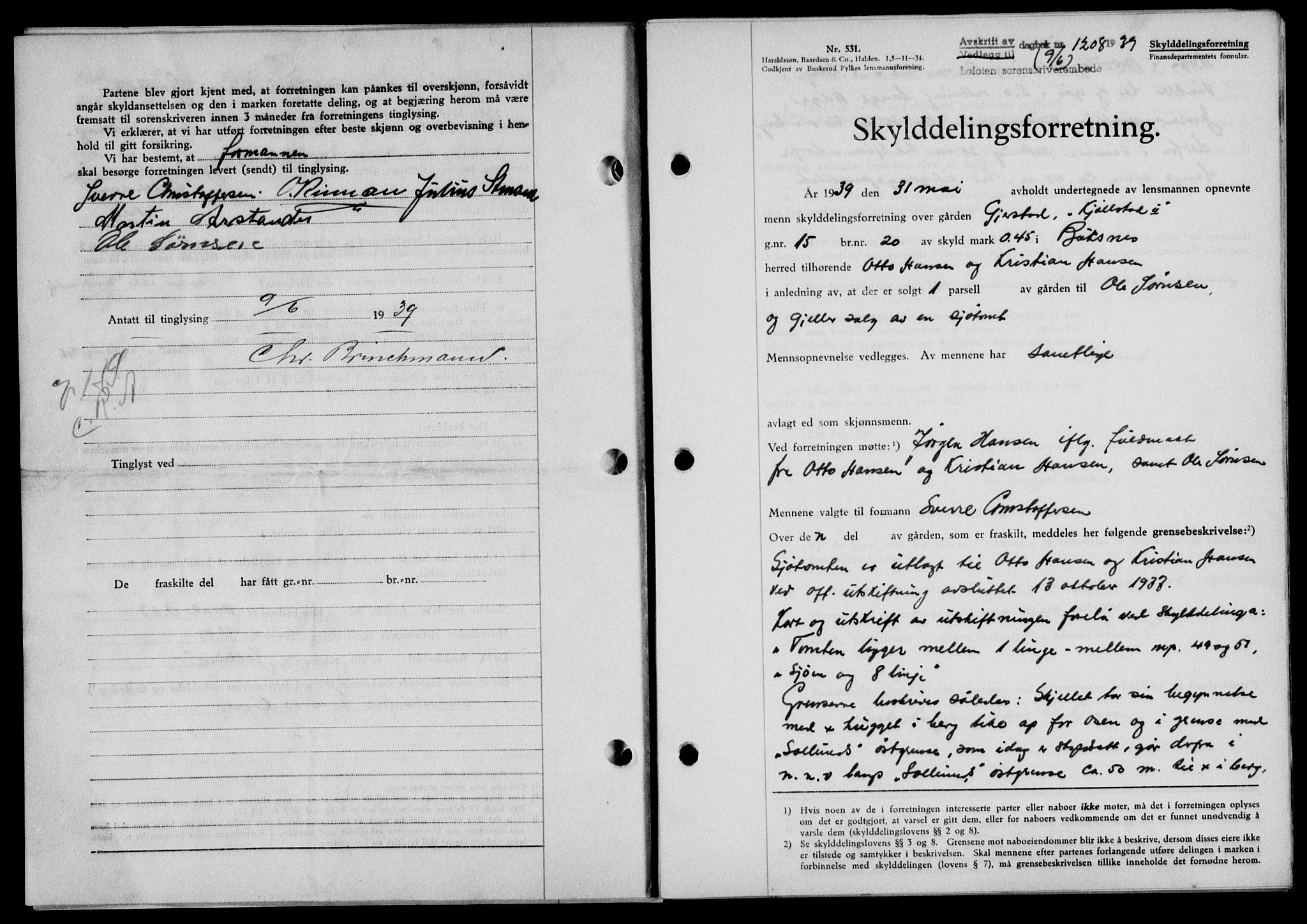 Lofoten sorenskriveri, SAT/A-0017/1/2/2C/L0005a: Mortgage book no. 5a, 1939-1939, Diary no: : 1208/1939